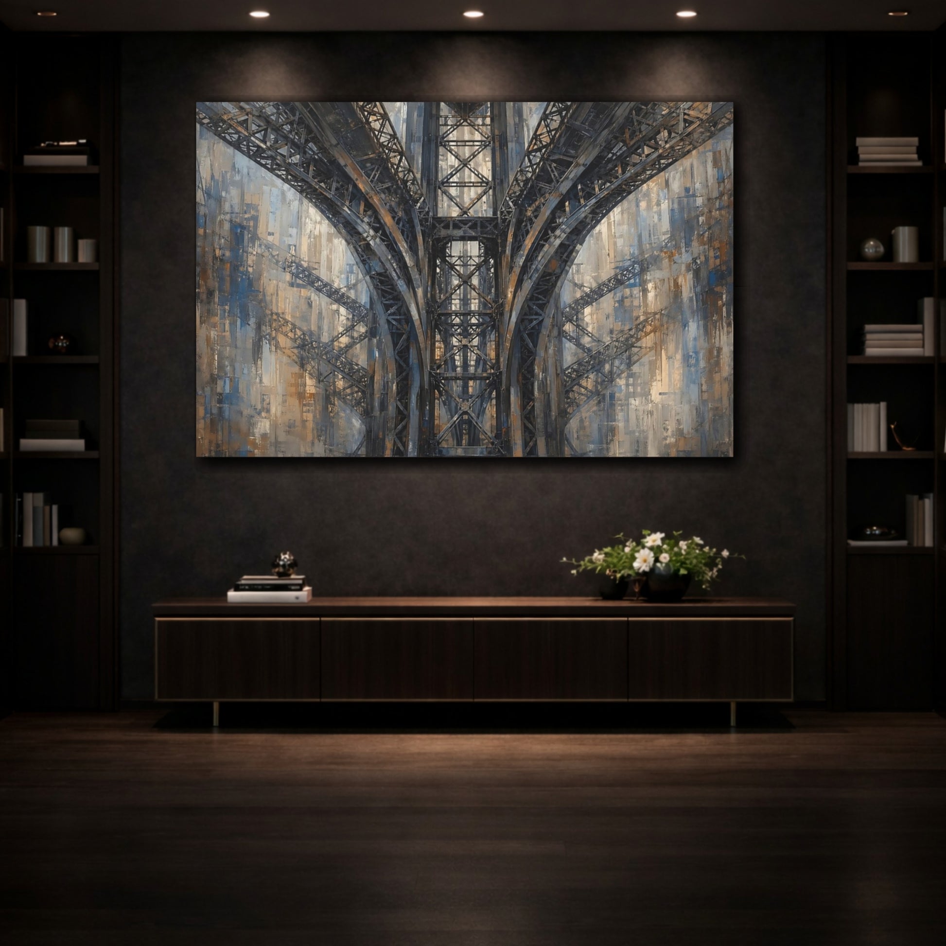 Mockup 3. Abstract Bridge Arches Brown And Blue shown as stretched canvas wall art
