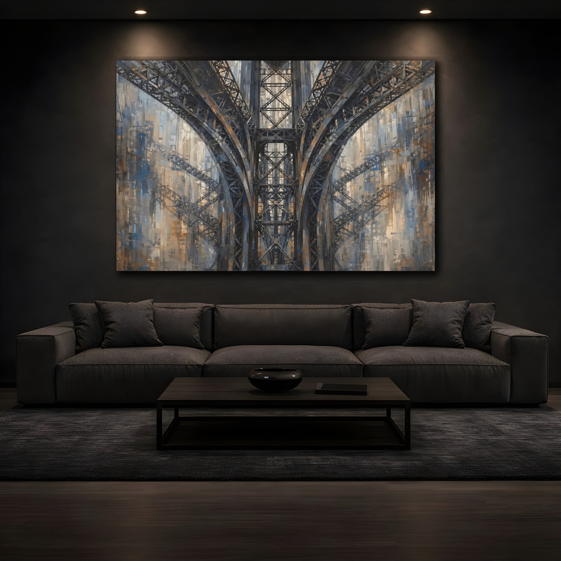 Mockup 4. Abstract Bridge Arches Brown And Blue shown as stretched canvas wall art