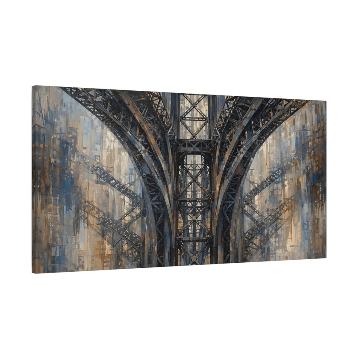 Side Mockup 2. Abstract Bridge Structure Gray And Brown shown as stretched canvas wall art