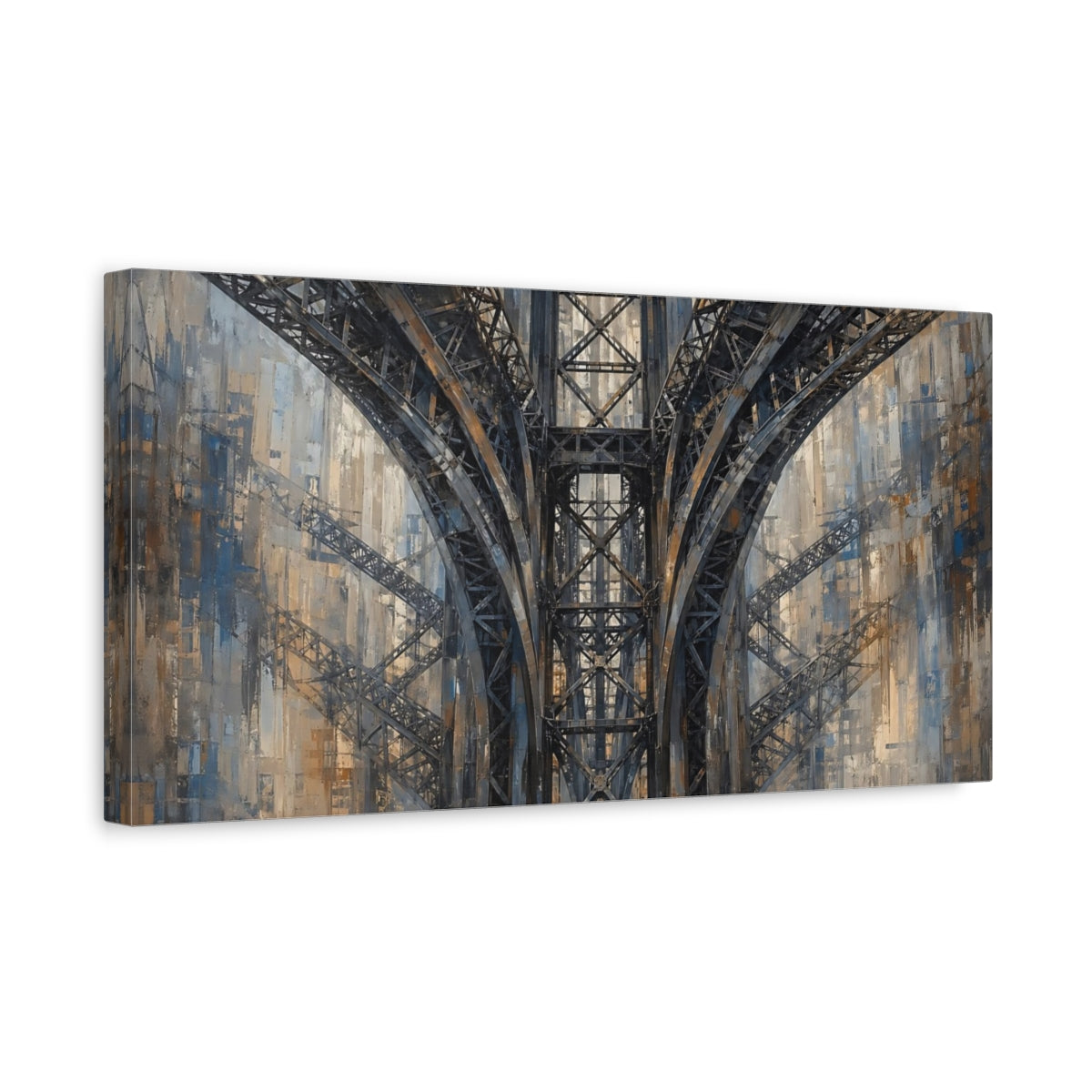 Side Mockup 3. Abstract Bridge Structure Gray And Brown shown as stretched canvas wall art