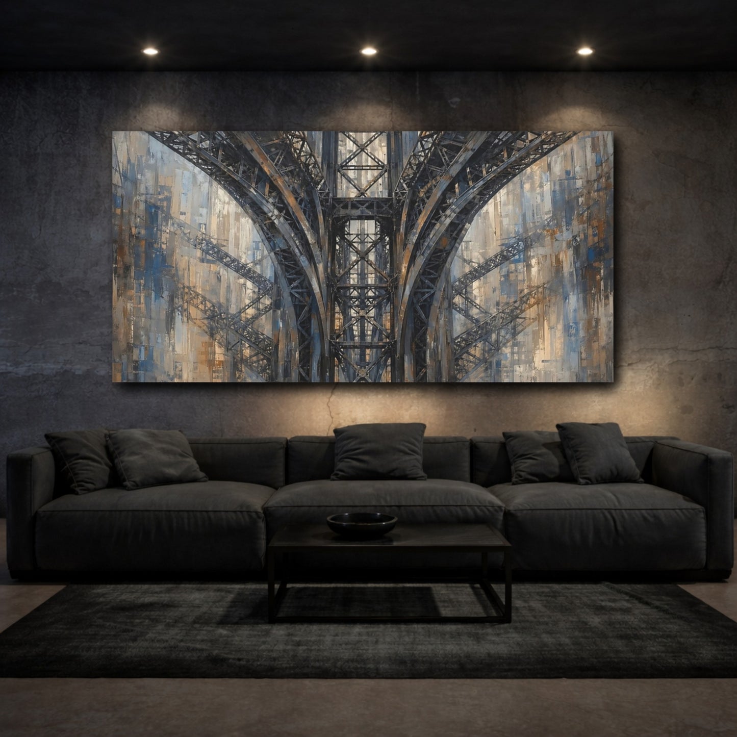 Mockup 2. Abstract Bridge Structure Gray And Brown shown as stretched canvas wall art