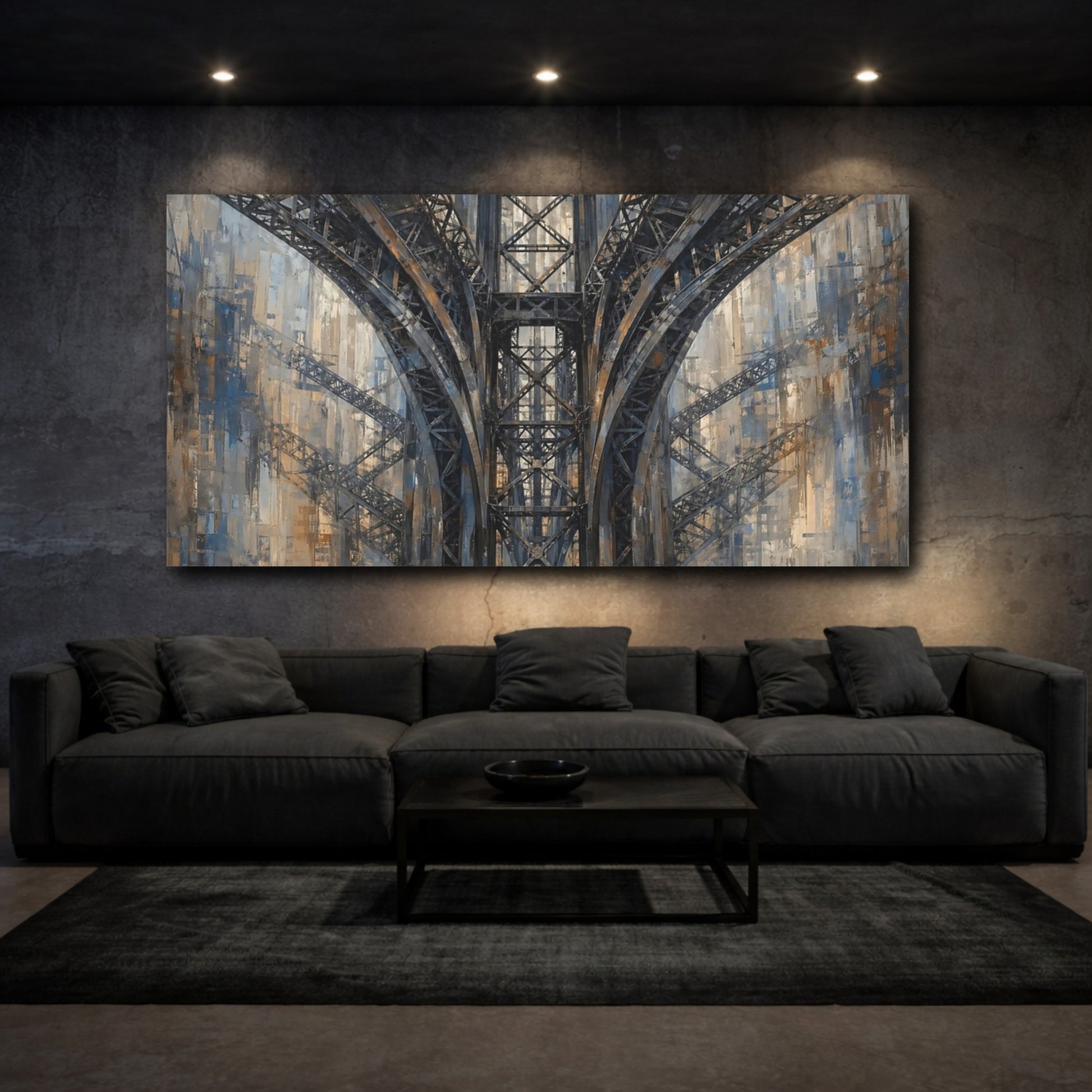 Mockup 2. Abstract Bridge Structure Gray And Brown shown as stretched canvas wall art