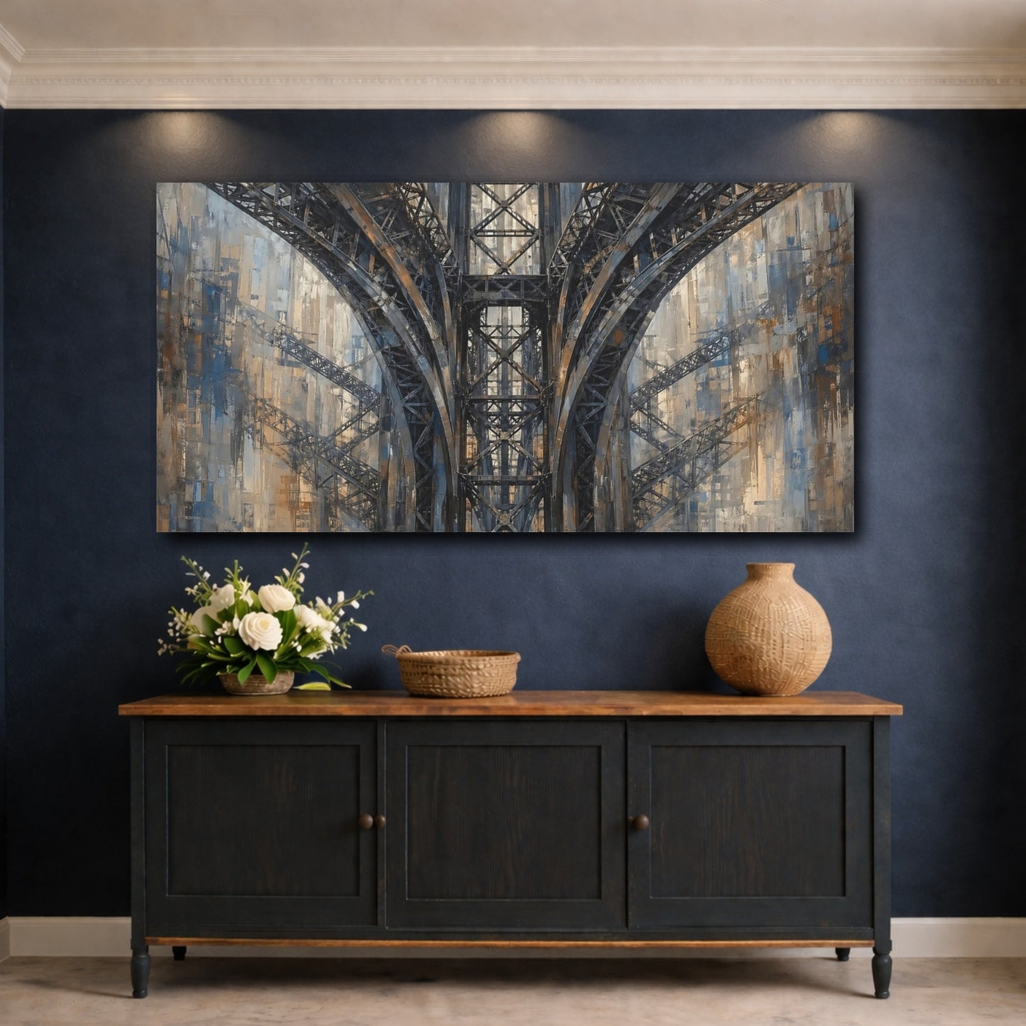 Mockup 4. Abstract Bridge Structure Gray And Brown shown as stretched canvas wall art