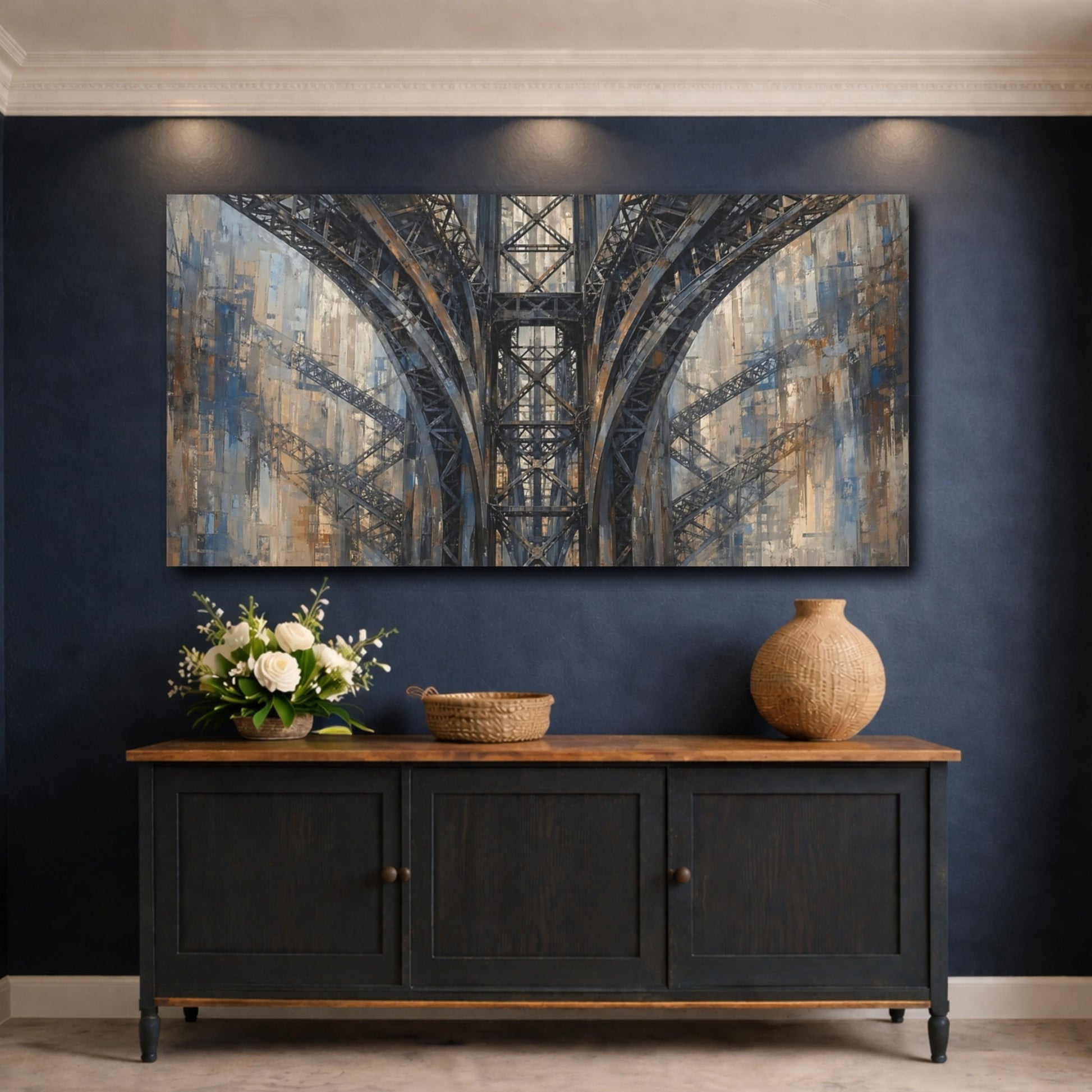 Mockup 4. Abstract Bridge Structure Gray And Brown shown as stretched canvas wall art