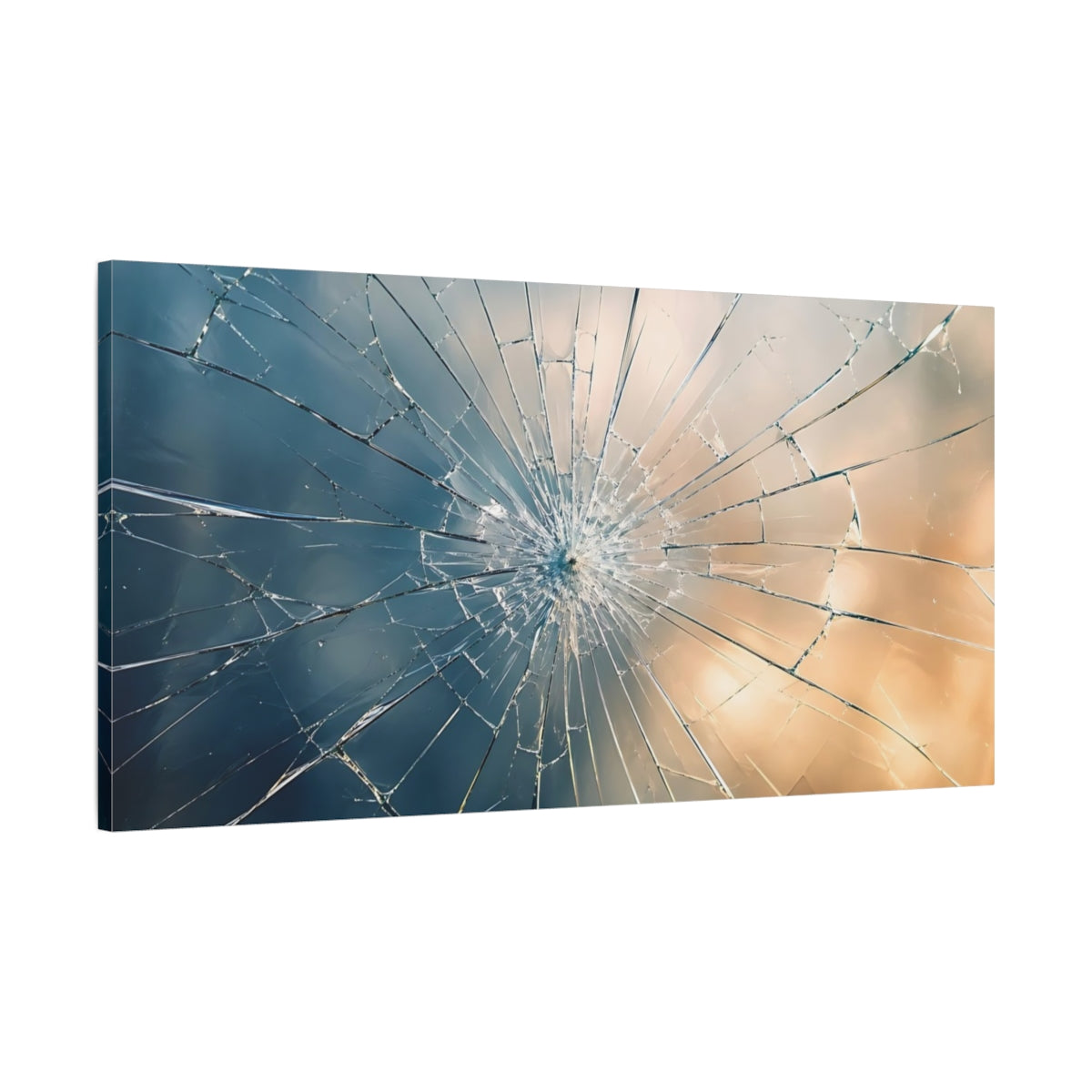 Main Mockup. Abstract Broken Glass Blue And Gold Abstract shown as stretched canvas wall art