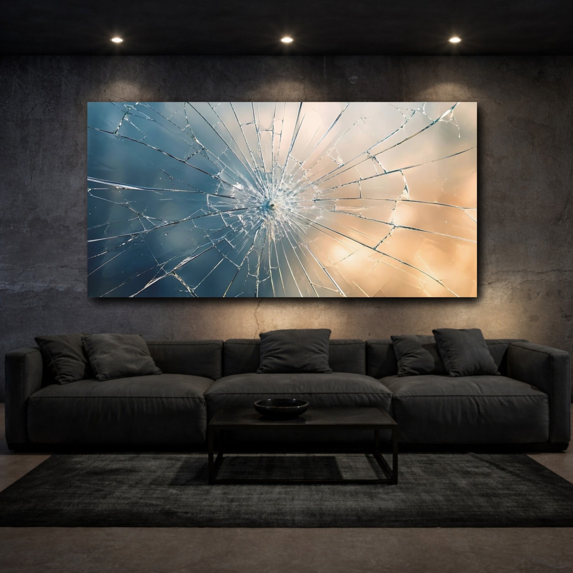 Mockup 2. Abstract Broken Glass Blue And Gold Abstract shown as stretched canvas wall art