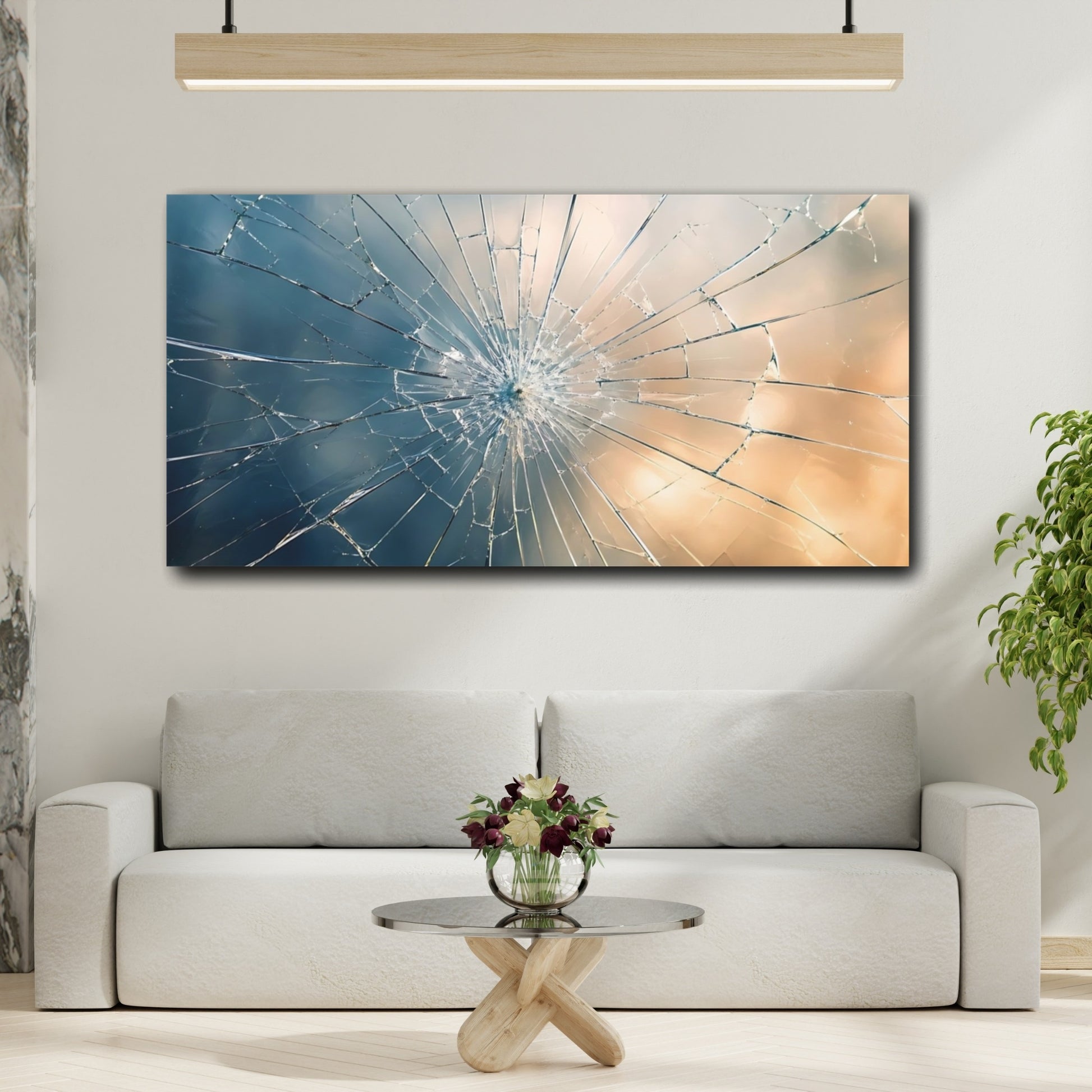 Mockup 3. Abstract Broken Glass Blue And Gold Abstract shown as stretched canvas wall art