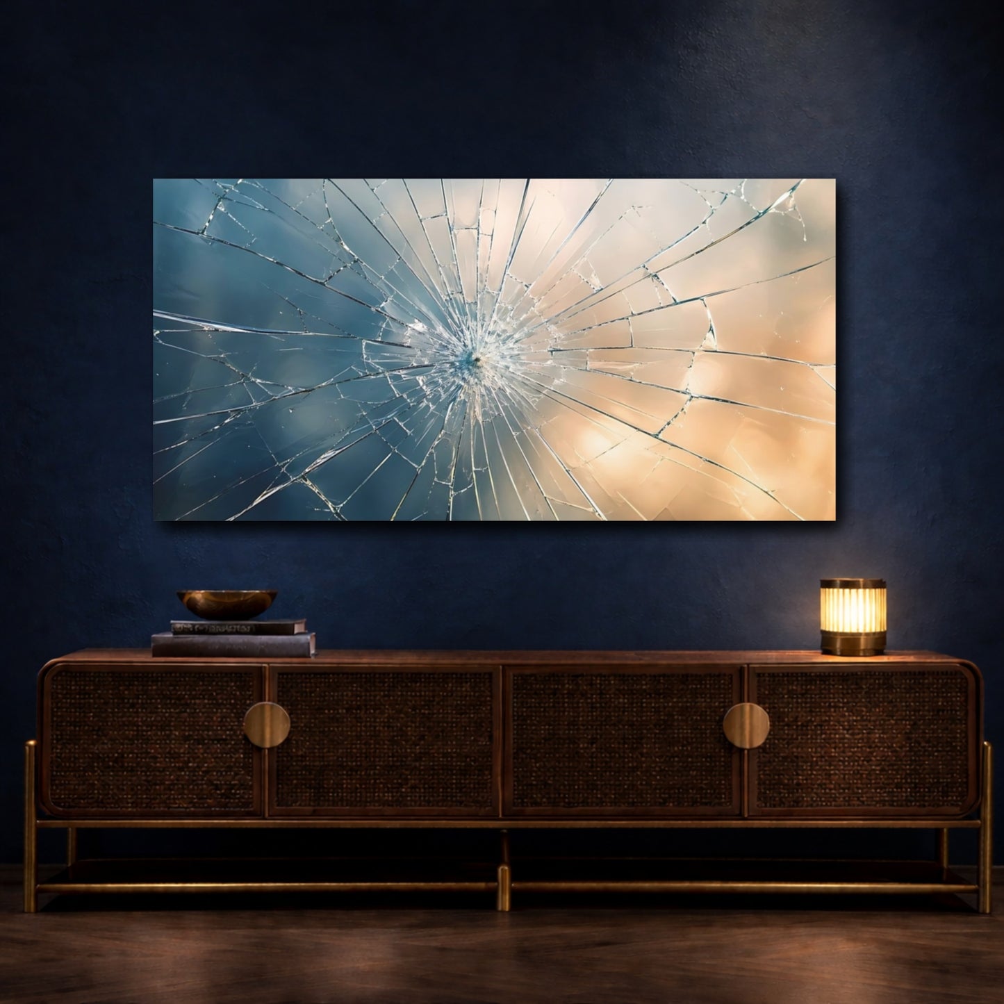 Mockup 4. Abstract Broken Glass Blue And Gold Abstract shown as stretched canvas wall art