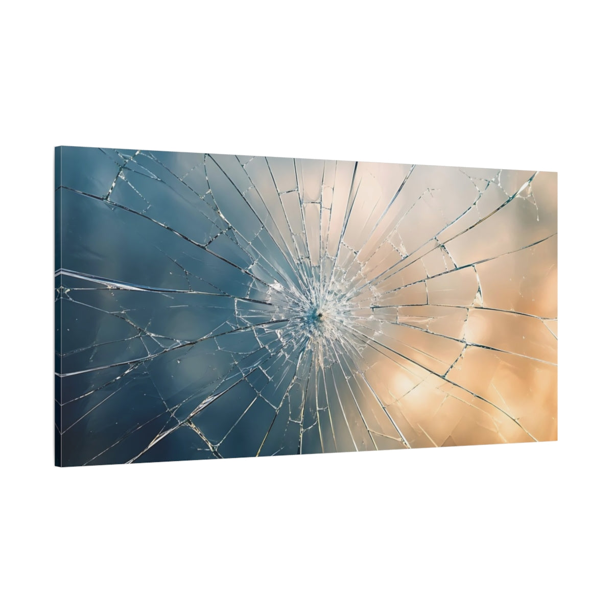 Side Mockup 2. Abstract Broken Glass Blue And Gold Abstract shown as stretched canvas wall art
