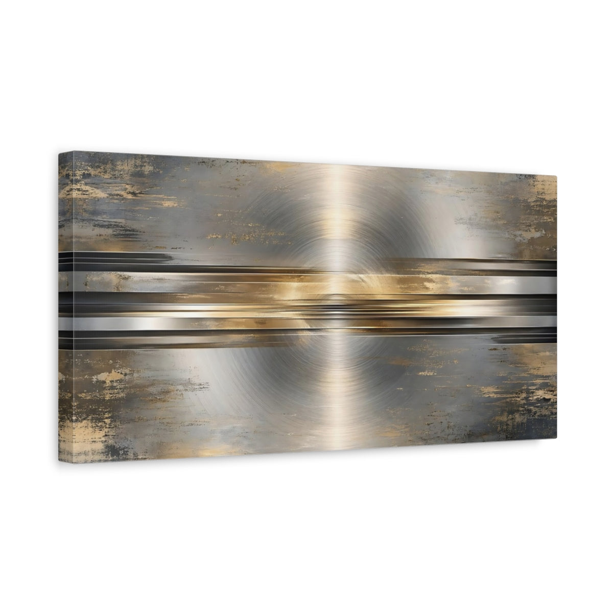 Side Mockup 3. Abstract Brushed Metal Gold Gray shown as stretched canvas wall art