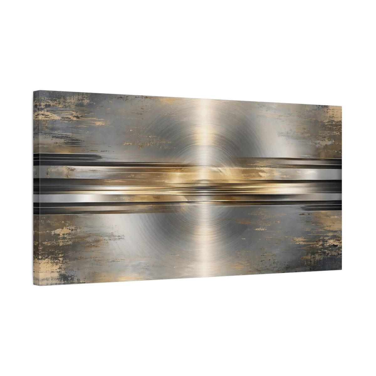 Side Mockup 1. Abstract Brushed Metal Gold Gray shown as stretched canvas wall art