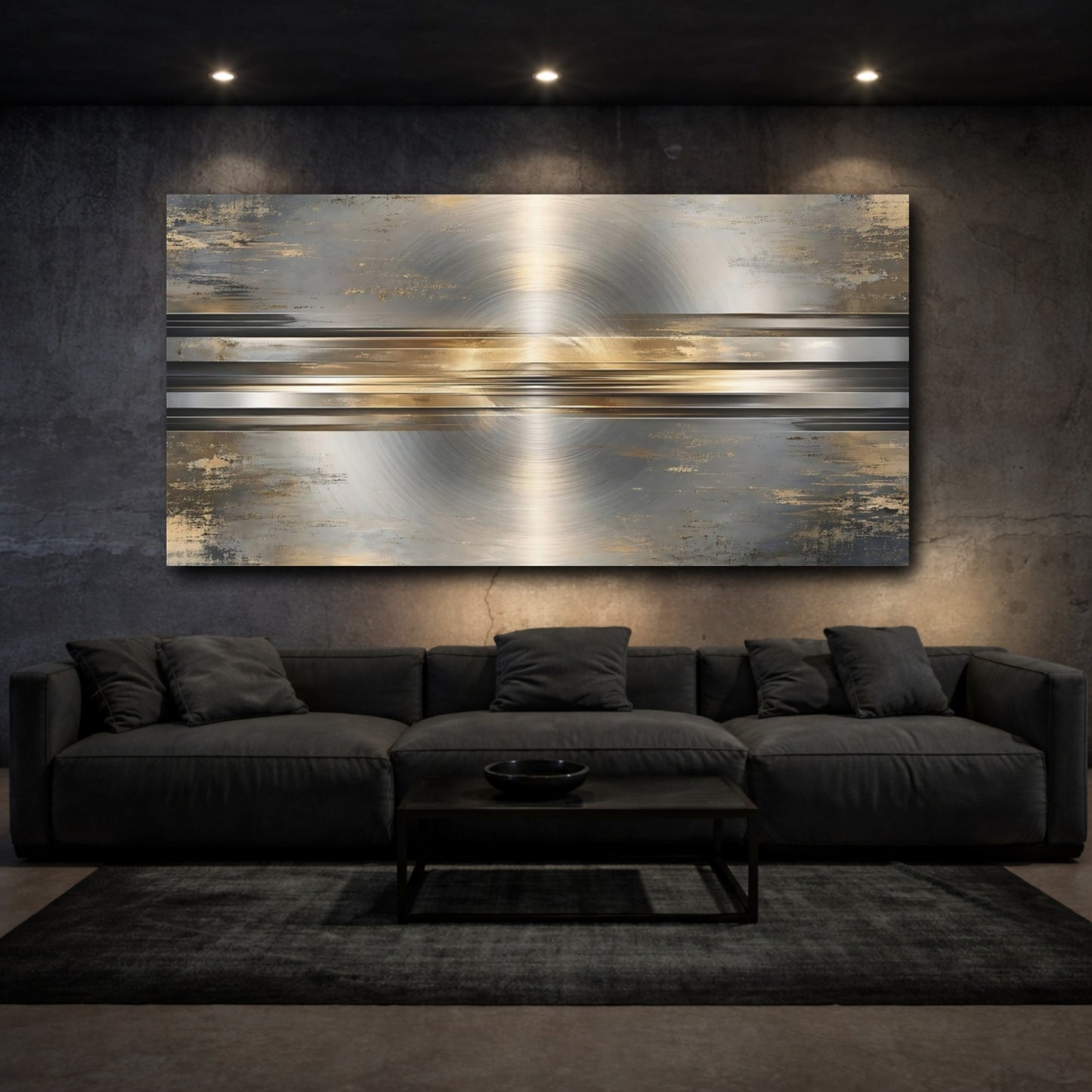 Mockup 2. Abstract Brushed Metal Gold Gray shown as stretched canvas wall art