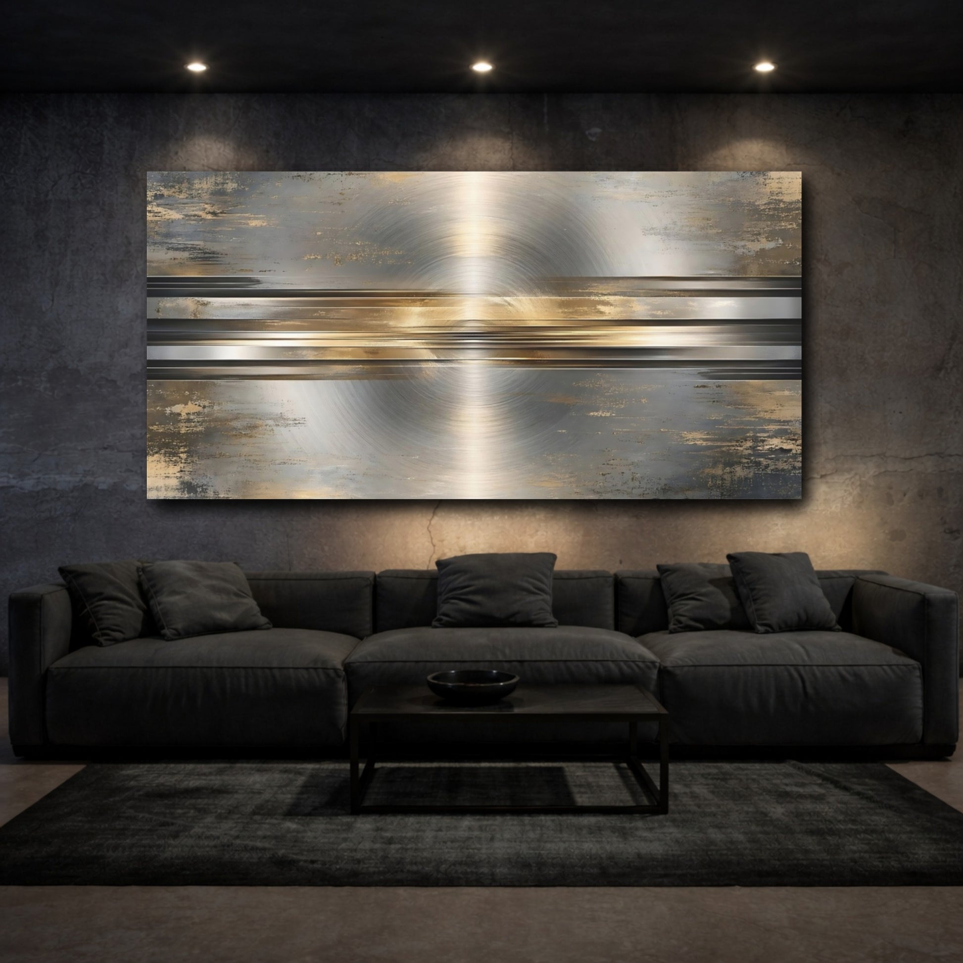 Mockup 2. Abstract Brushed Metal Gold Gray shown as stretched canvas wall art