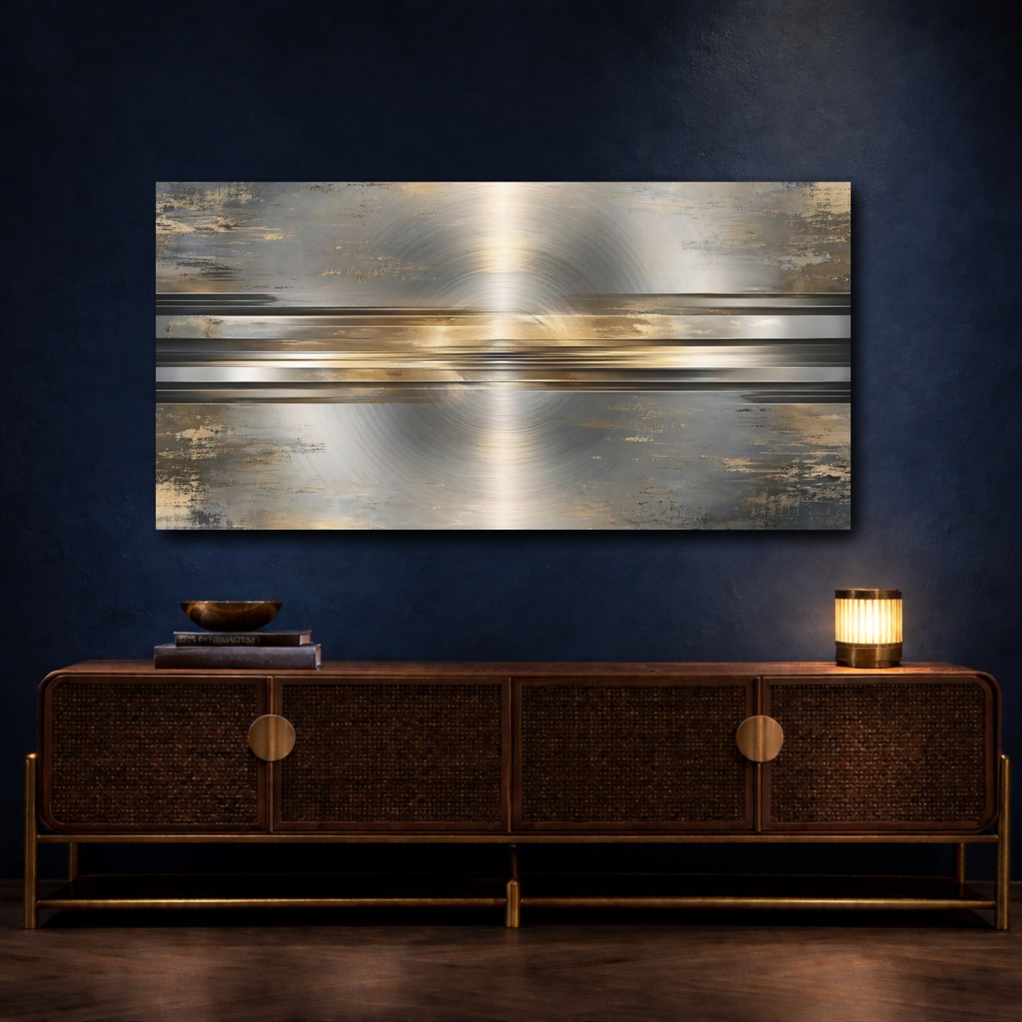 Mockup 3. Abstract Brushed Metal Gold Gray shown as stretched canvas wall art