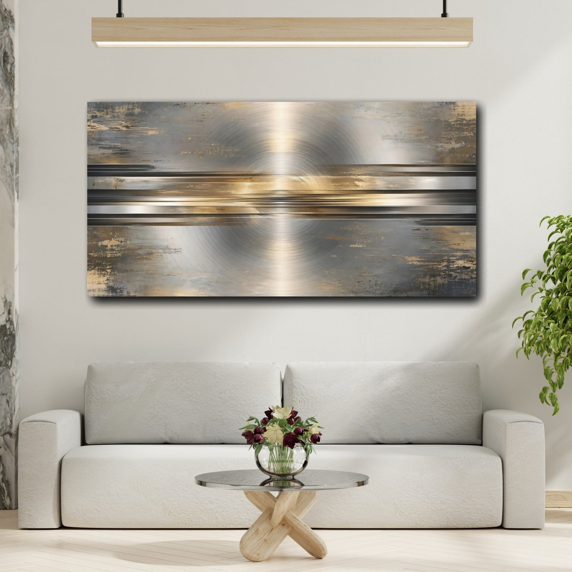 Mockup 4. Abstract Brushed Metal Gold Gray shown as stretched canvas wall art
