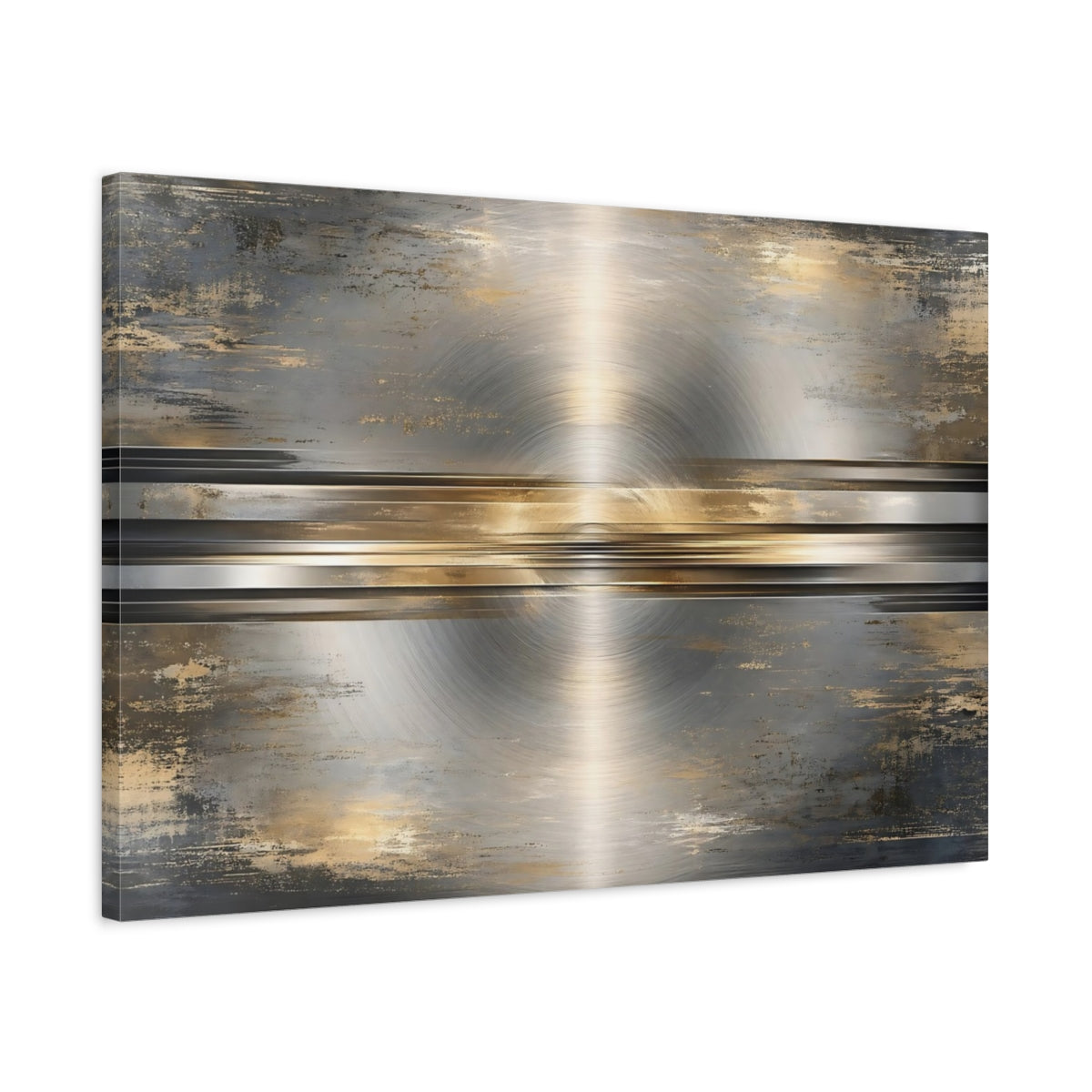 Side Mockup 2. Abstract Brushed Metal Silver And Gold shown as stretched canvas wall art