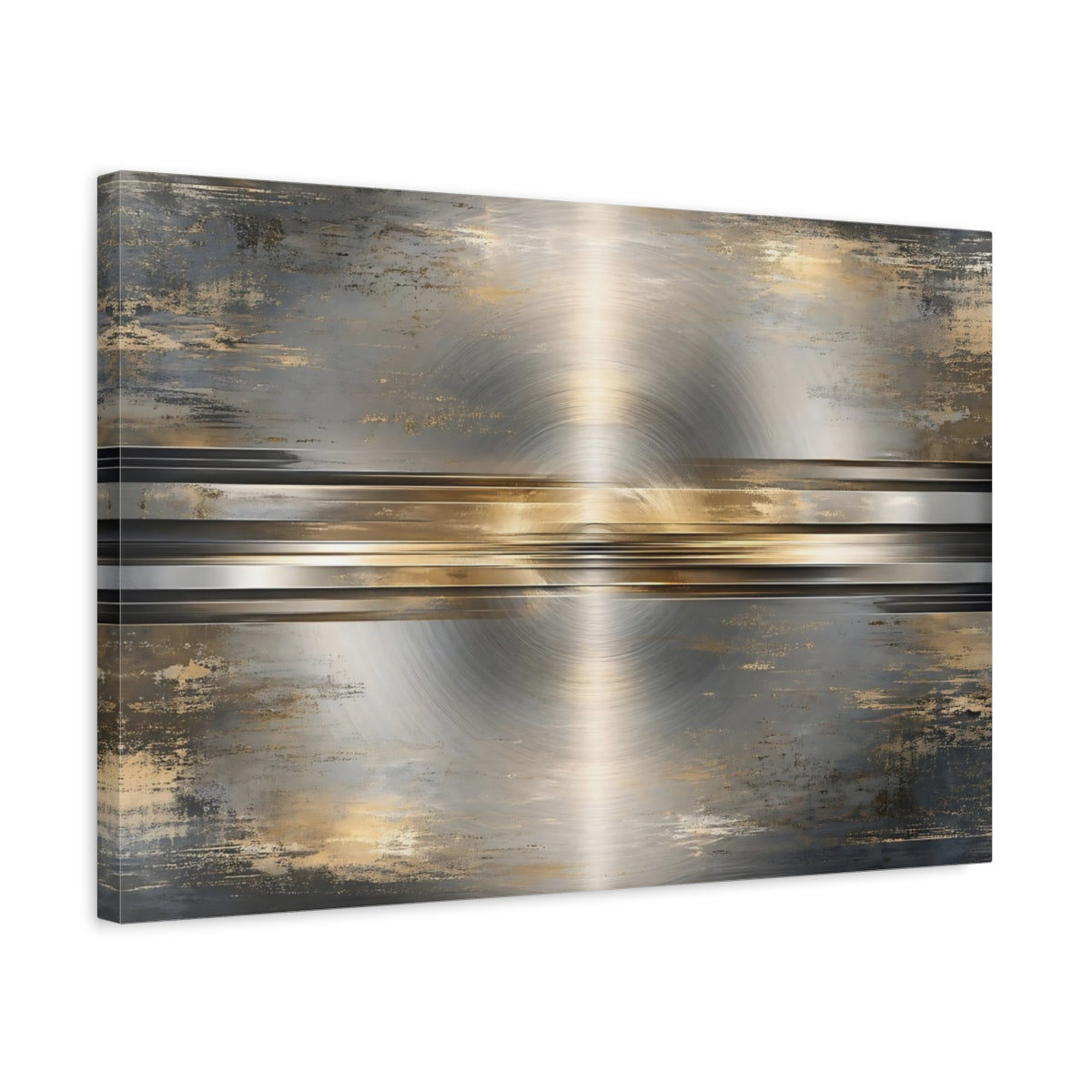 Side Mockup 3. Abstract Brushed Metal Silver And Gold shown as stretched canvas wall art