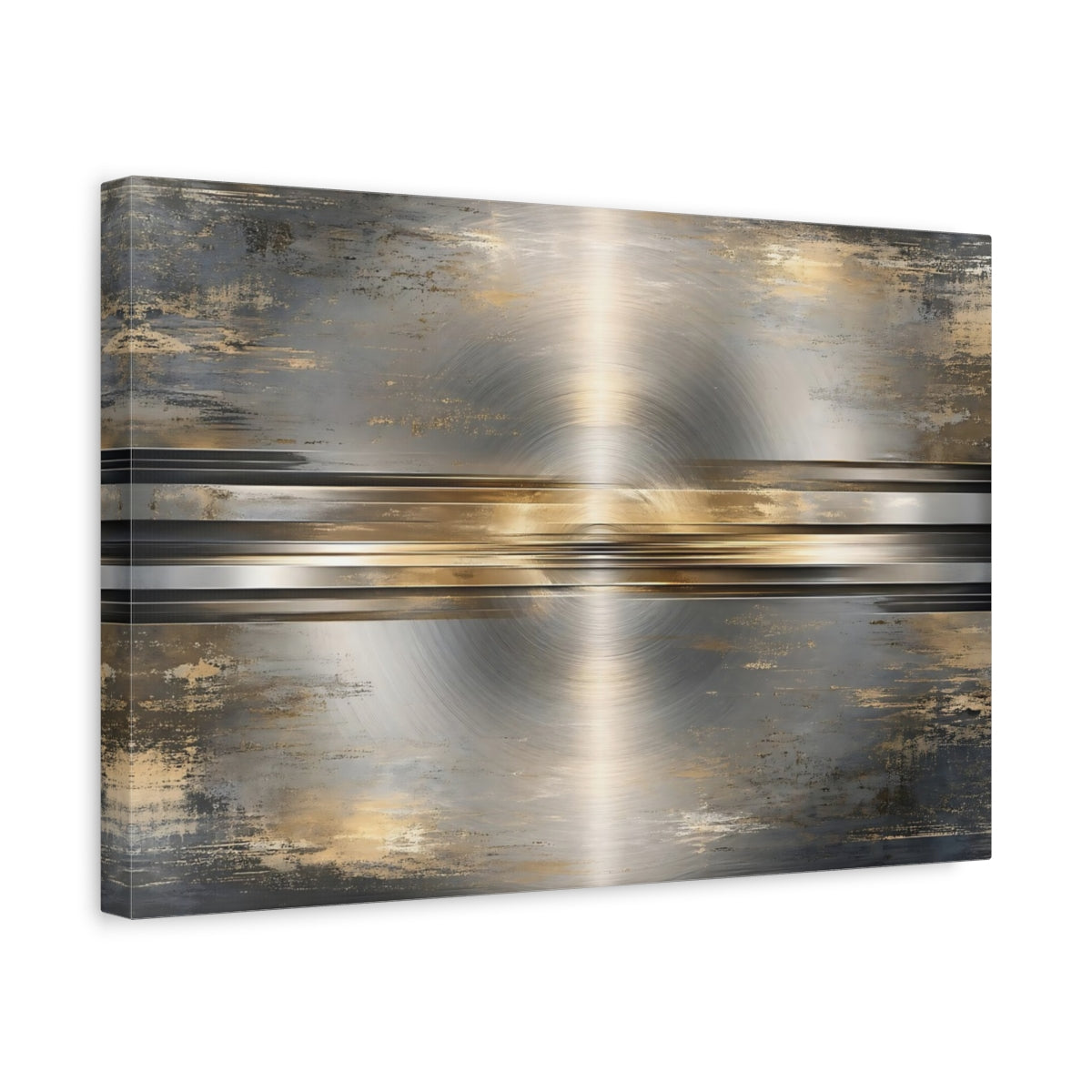 Side Mockup 4. Abstract Brushed Metal Silver And Gold shown as stretched canvas wall art