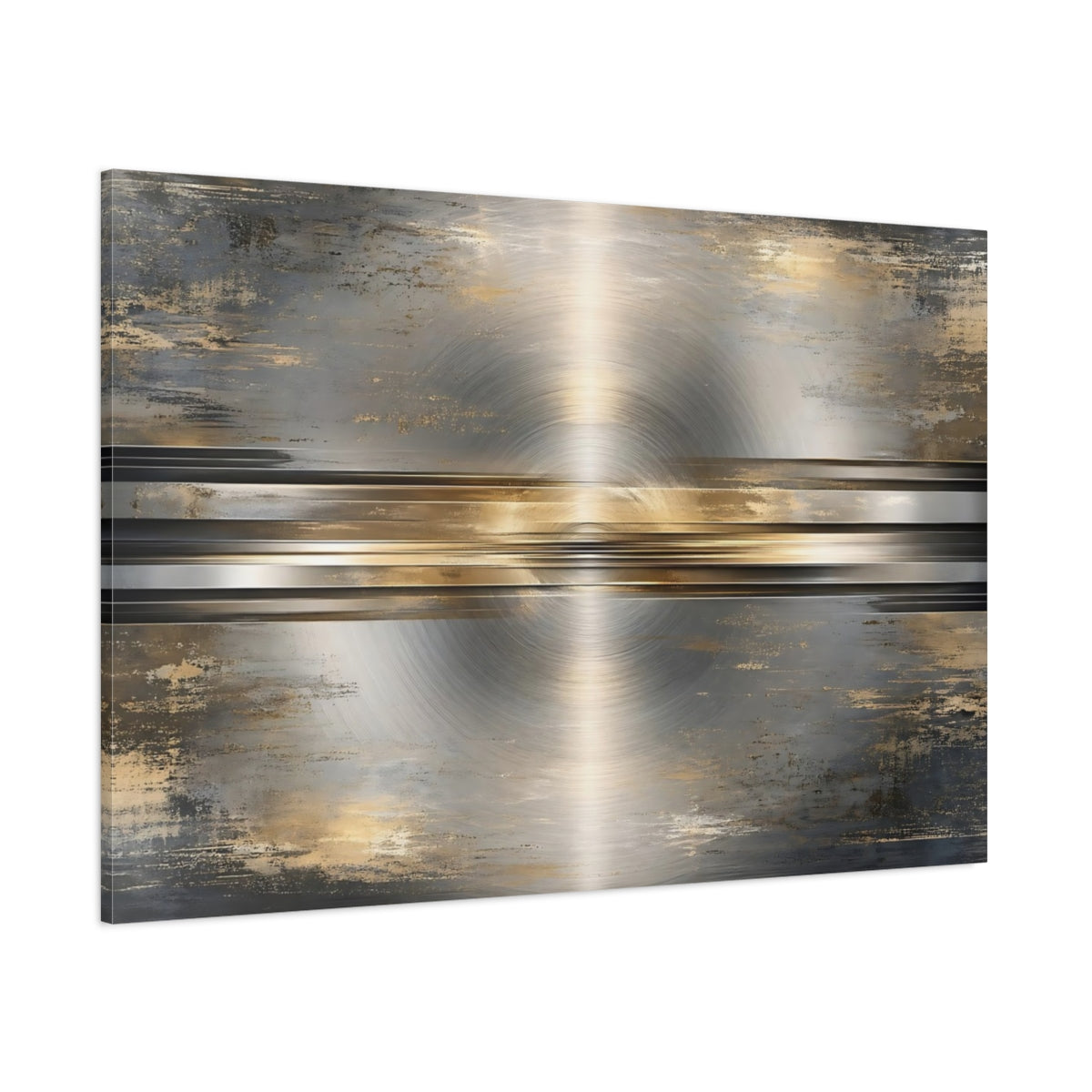 Side Mockup 1. Abstract Brushed Metal Silver And Gold shown as stretched canvas wall art