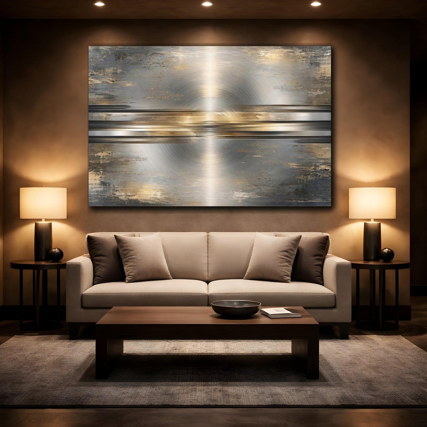 Mockup 2. Abstract Brushed Metal Silver And Gold shown as stretched canvas wall art