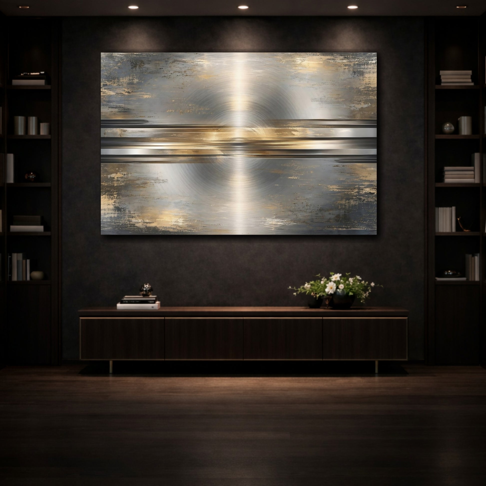 Mockup 3. Abstract Brushed Metal Silver And Gold shown as stretched canvas wall art