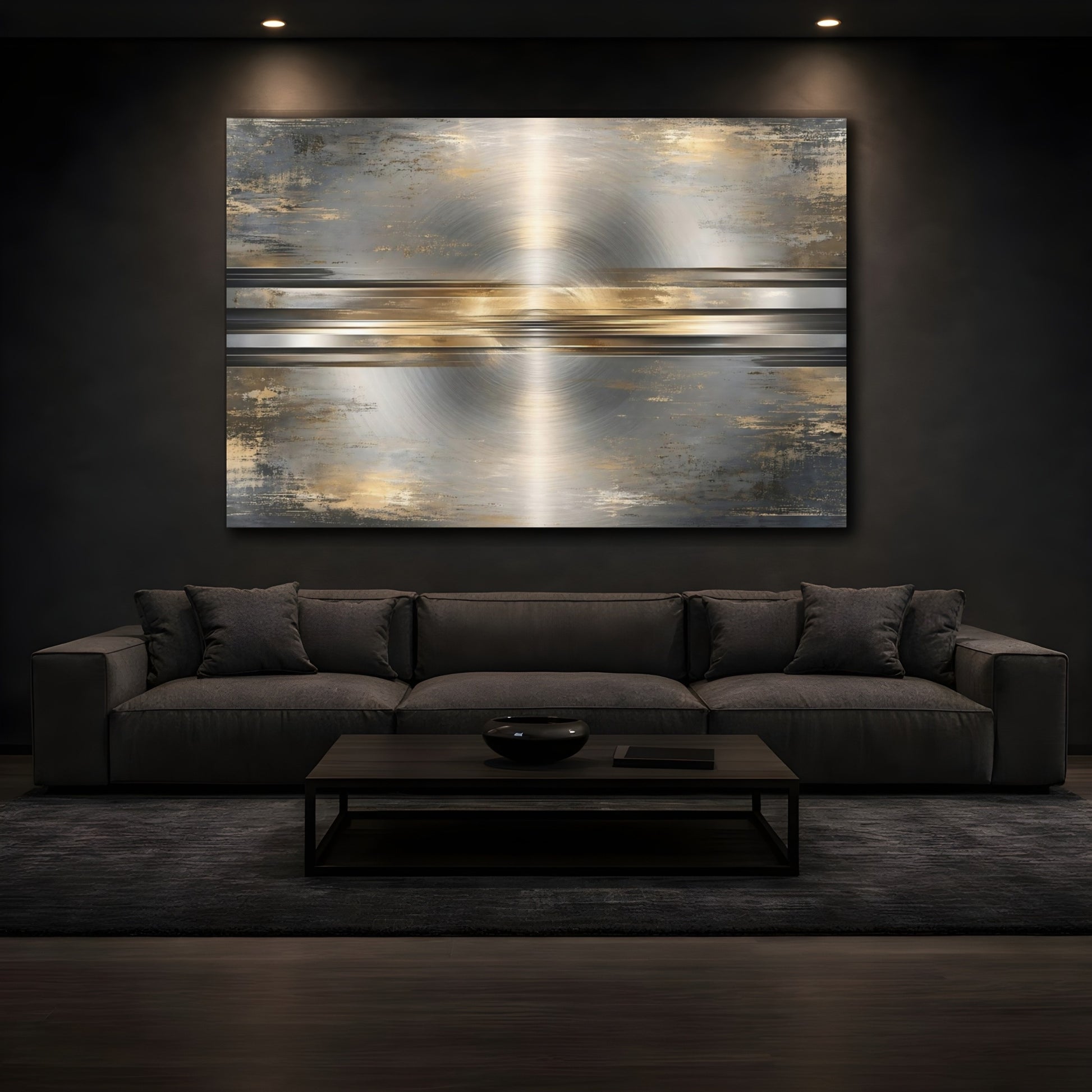 Mockup 4. Abstract Brushed Metal Silver And Gold shown as stretched canvas wall art