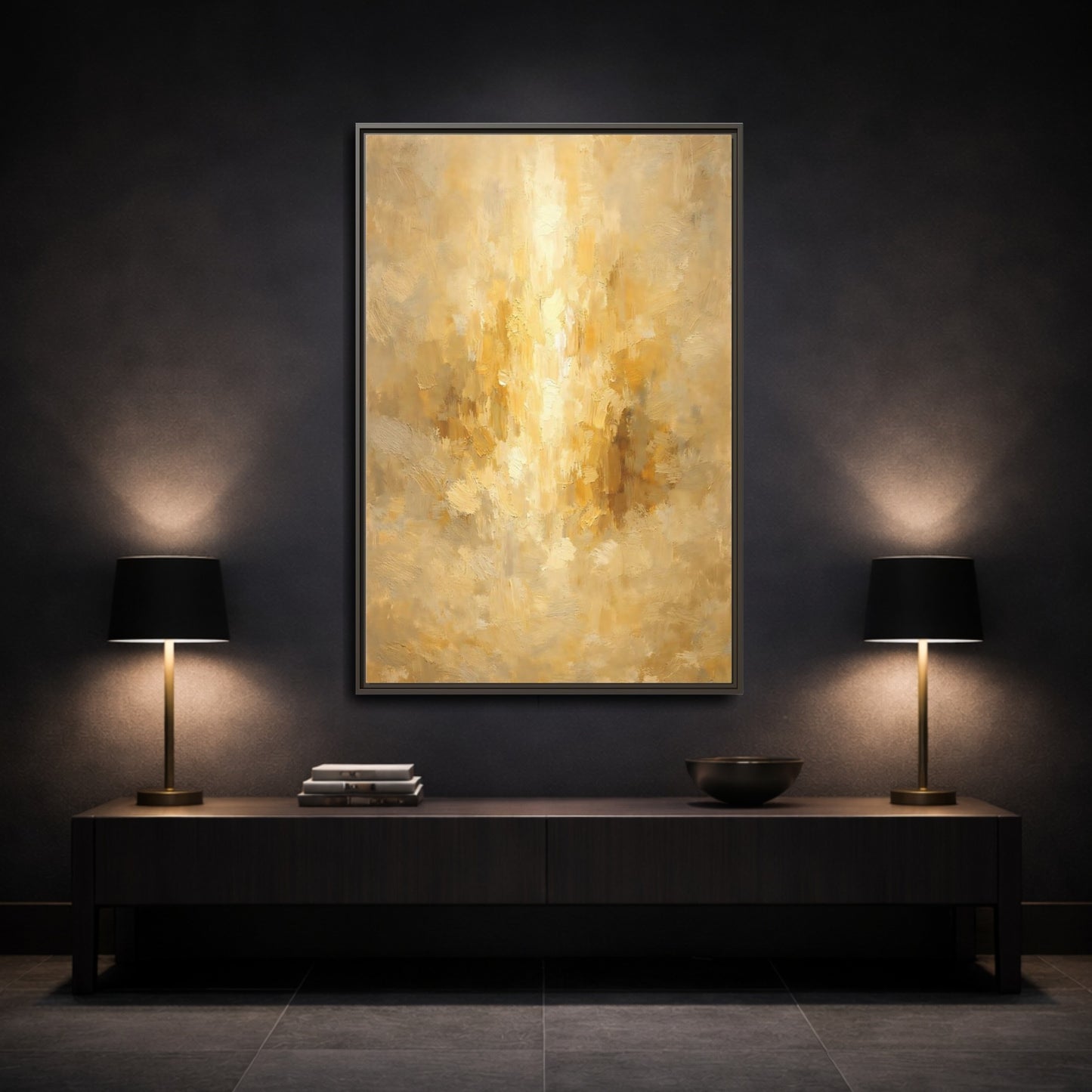 Mockup 2. Abstract Brushstrokes Golden Abstract shown as stretched canvas wall art