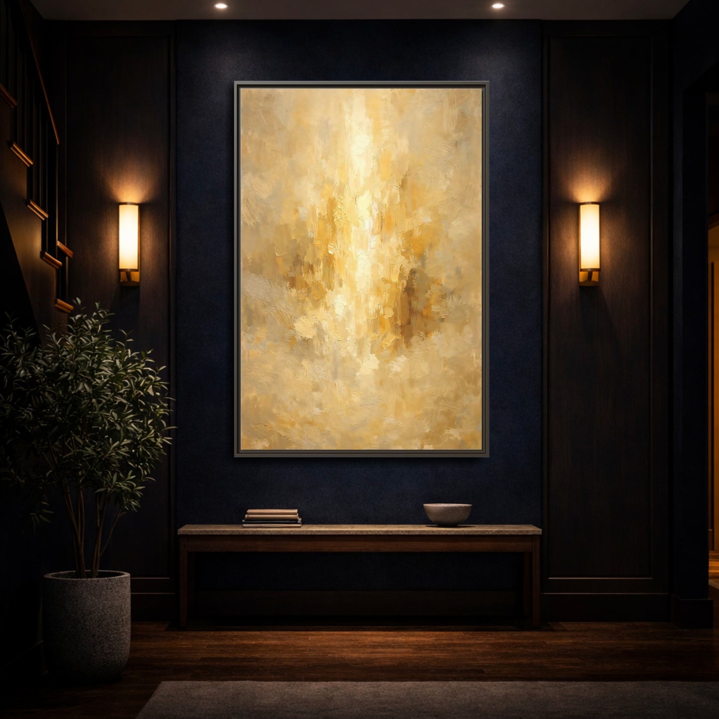 Mockup 3. Abstract Brushstrokes Golden Abstract shown as stretched canvas wall art