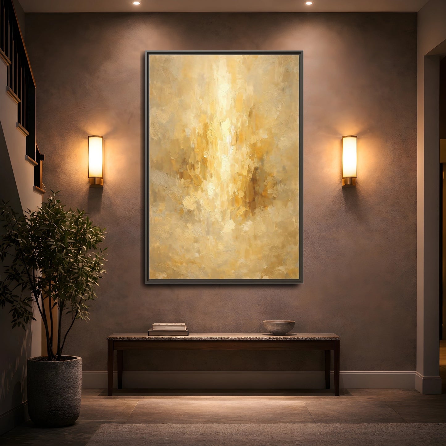 Mockup 4. Abstract Brushstrokes Golden Abstract shown as stretched canvas wall art