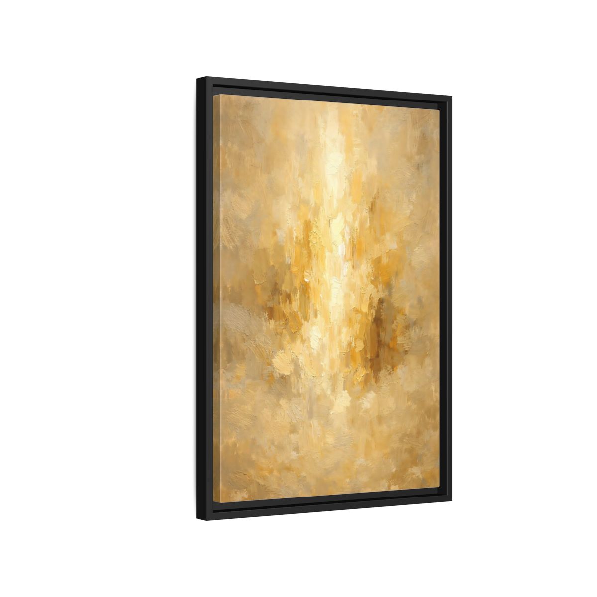 Side Mockup 3. Abstract Brushstrokes Golden Abstract shown as stretched canvas wall art