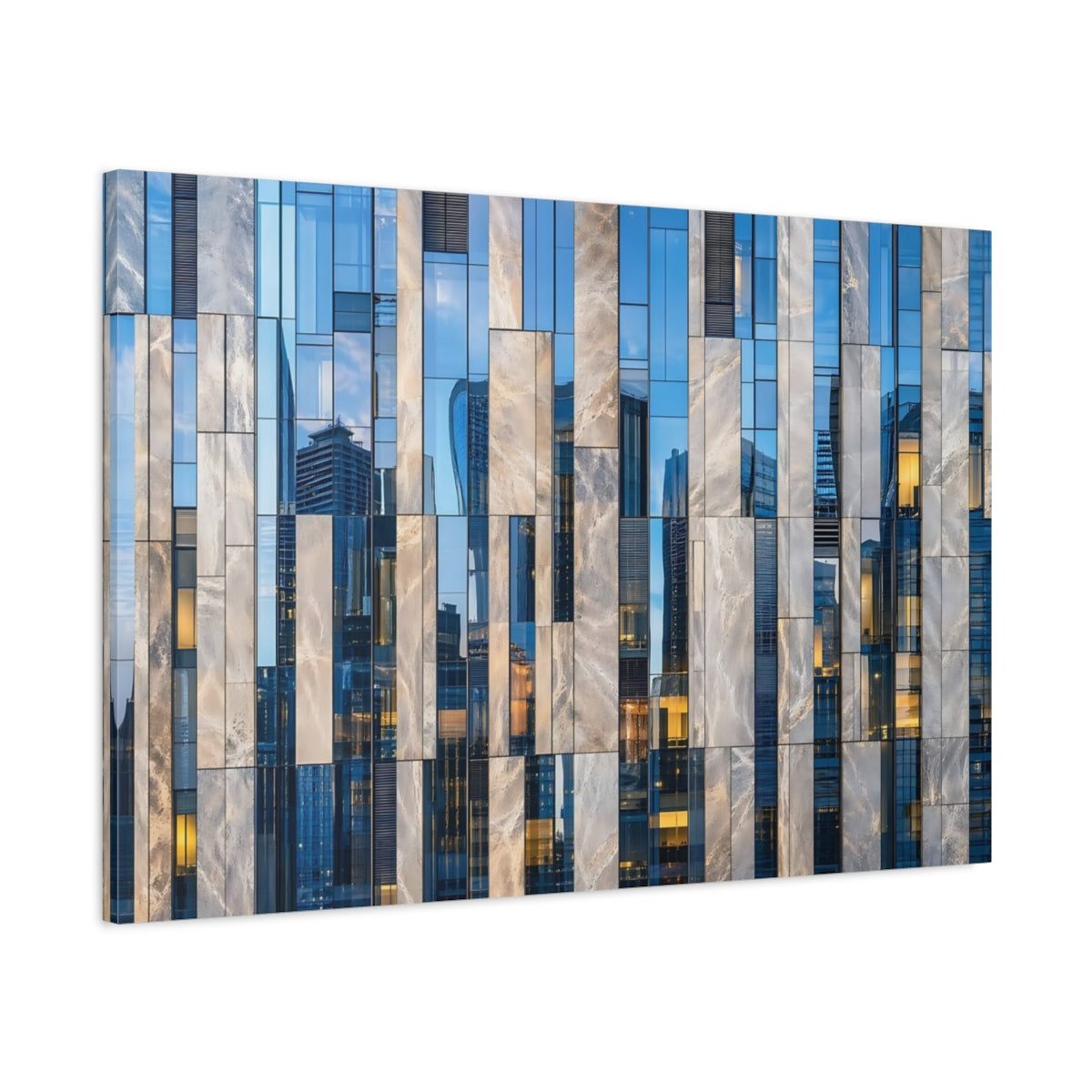 Main Mockup. Abstract Building Facade Blue And Grey Architecture shown as stretched canvas wall art