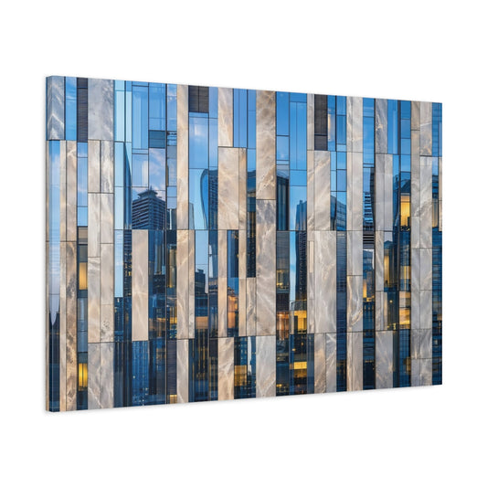Main Mockup. Abstract Building Facade Blue And Grey Architecture shown as stretched canvas wall art