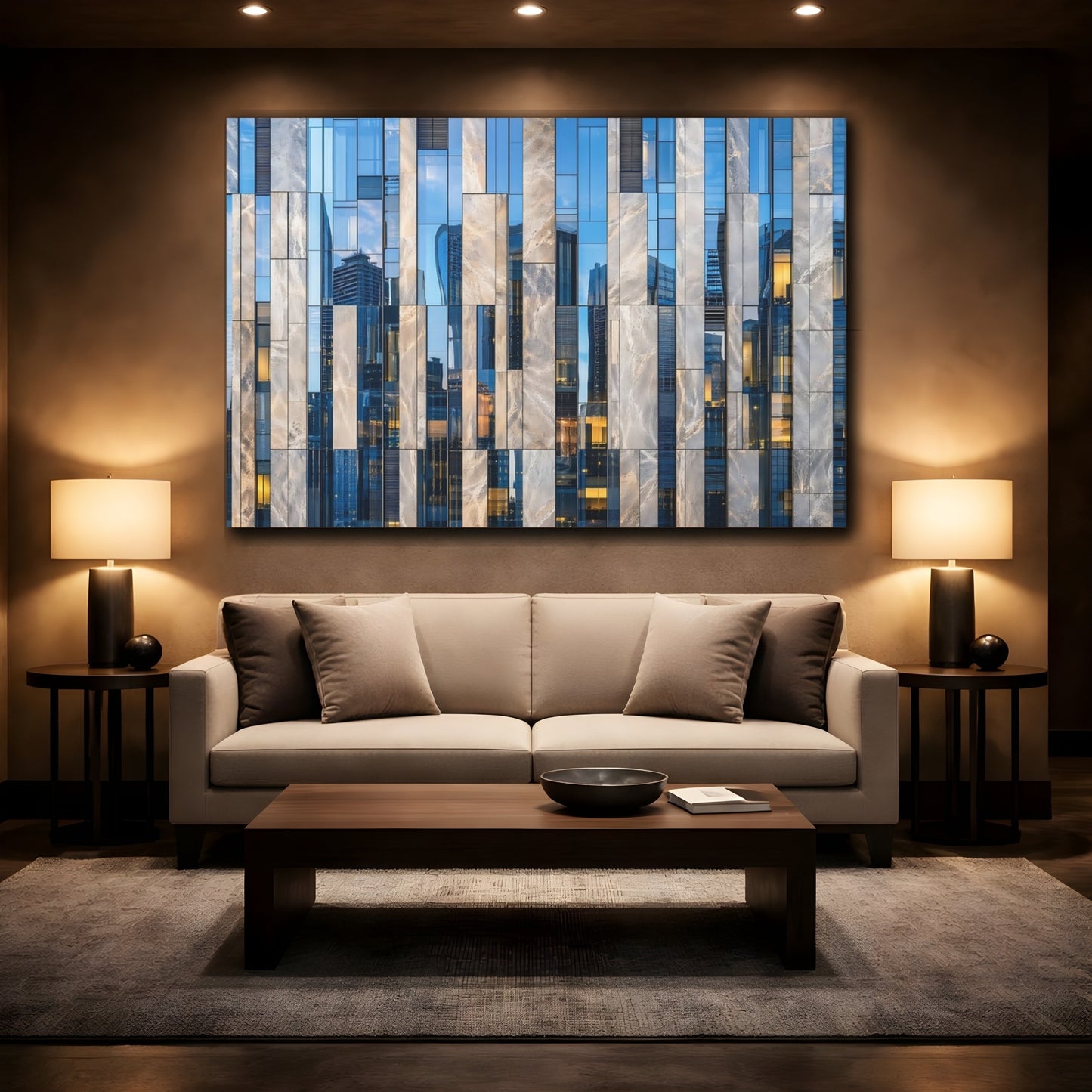 Mockup 2. Abstract Building Facade Blue And Grey Architecture shown as stretched canvas wall art
