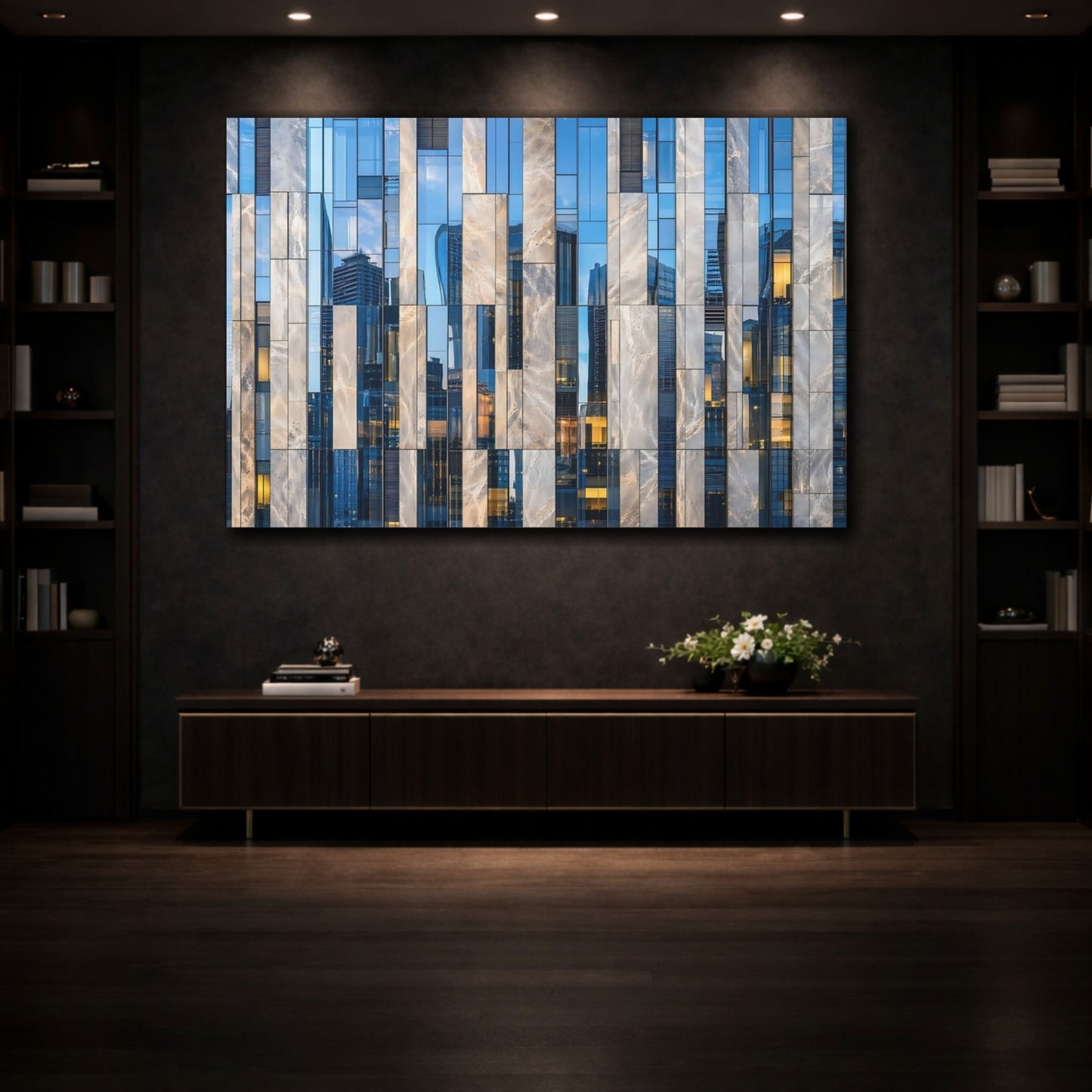Mockup 3. Abstract Building Facade Blue And Grey Architecture shown as stretched canvas wall art