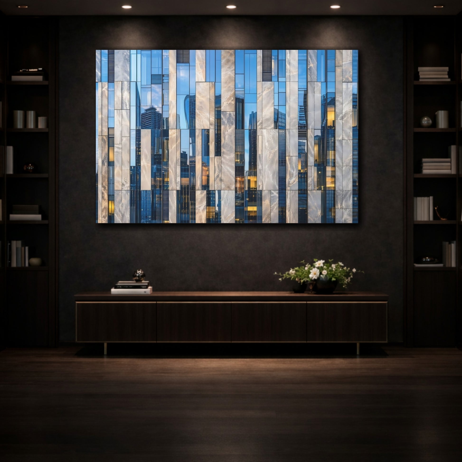Mockup 3. Abstract Building Facade Blue And Grey Architecture shown as stretched canvas wall art