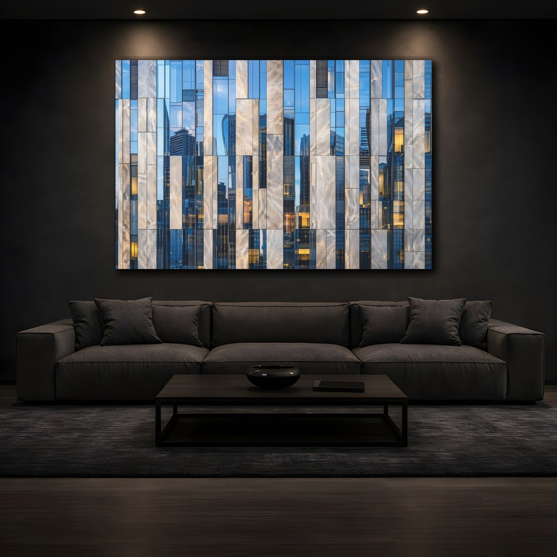 Mockup 4. Abstract Building Facade Blue And Grey Architecture shown as stretched canvas wall art
