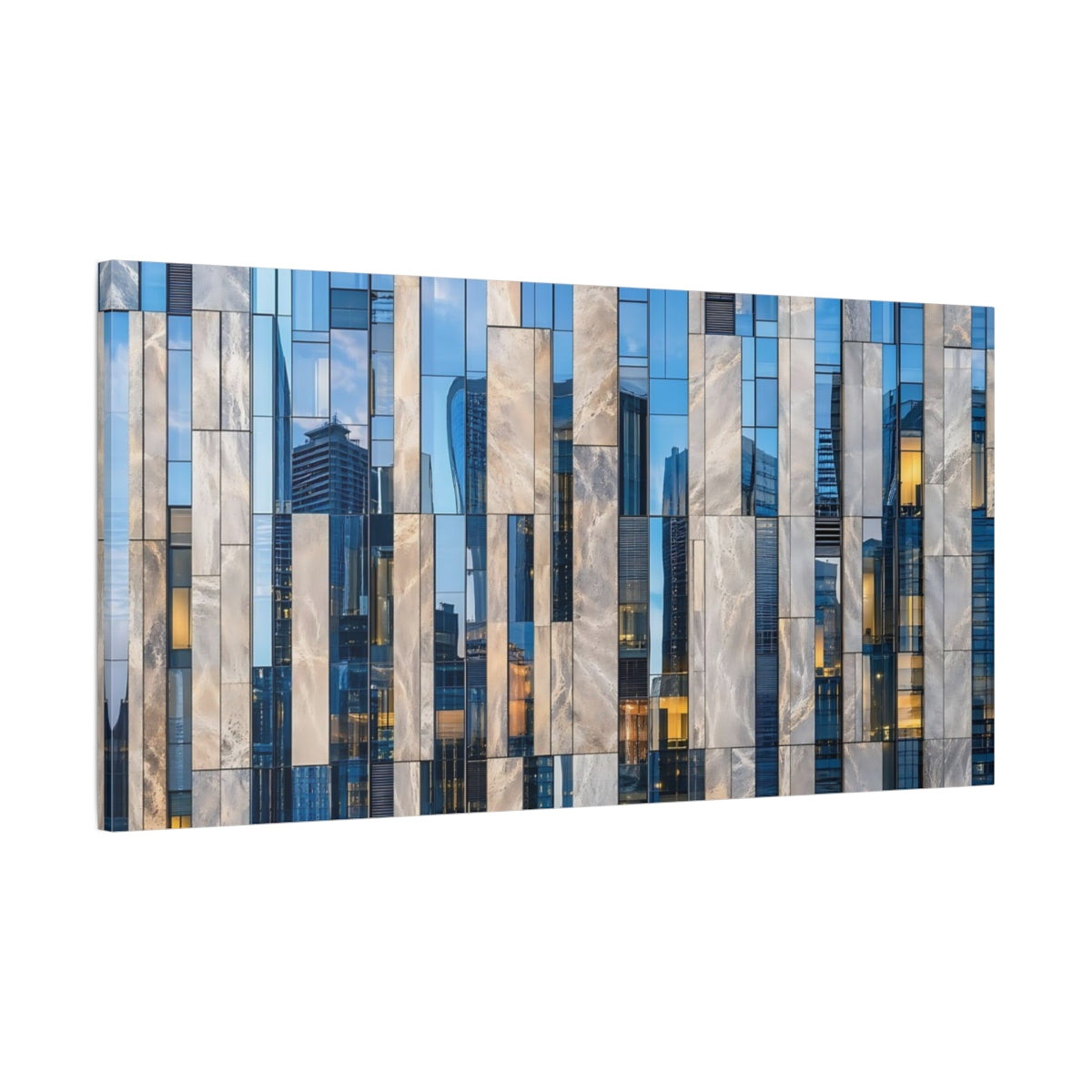 Main Mockup. Abstract Building Facade Blue And Grey shown as stretched canvas wall art