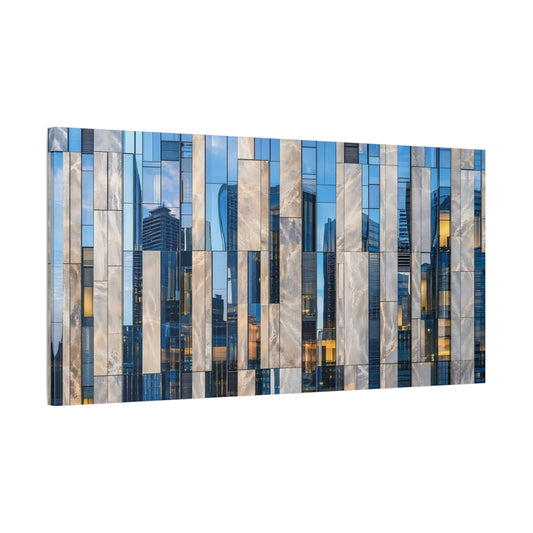 Main Mockup. Abstract Building Facade Blue And Grey shown as stretched canvas wall art