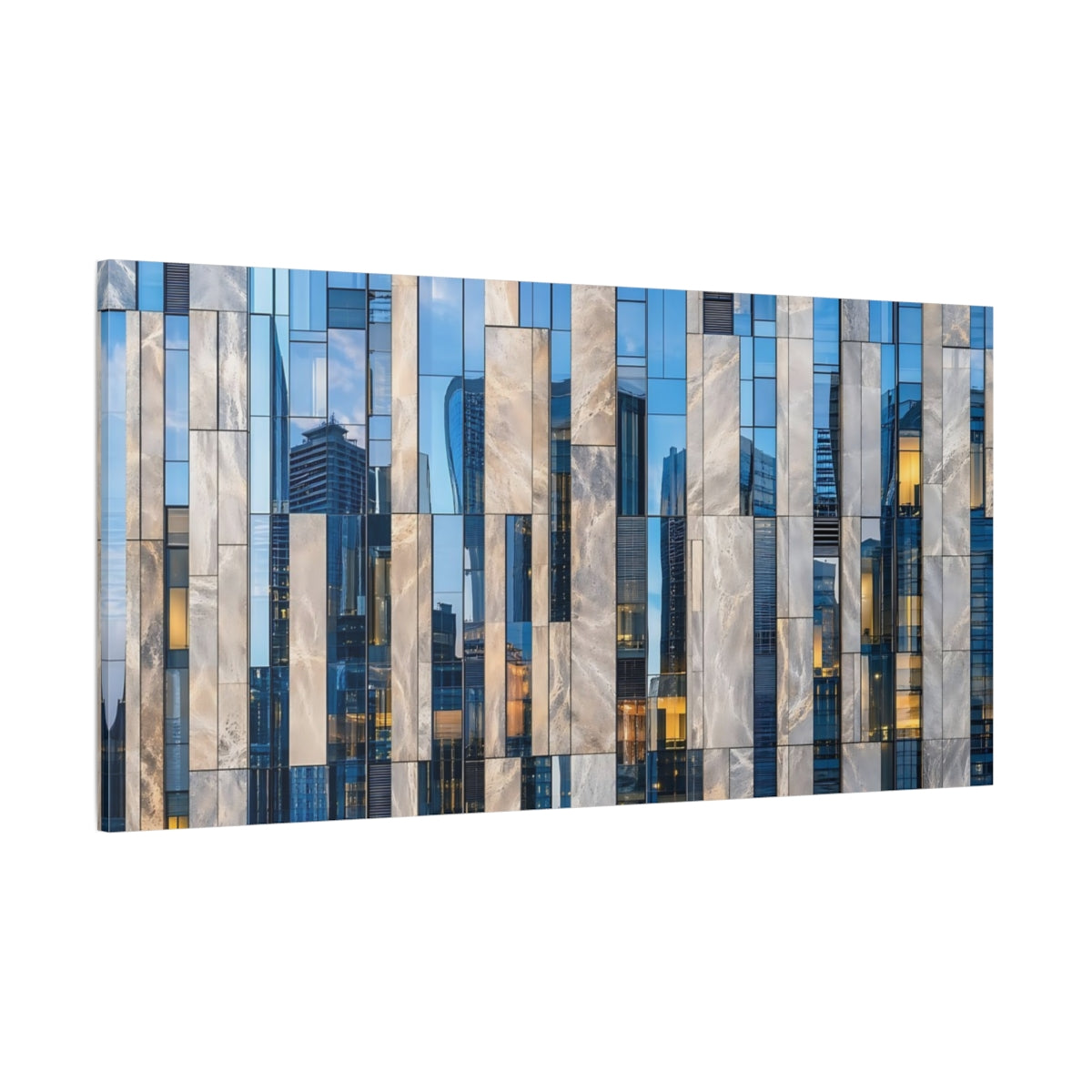 Side Mockup 2. Abstract Building Facade Blue And Grey shown as stretched canvas wall art