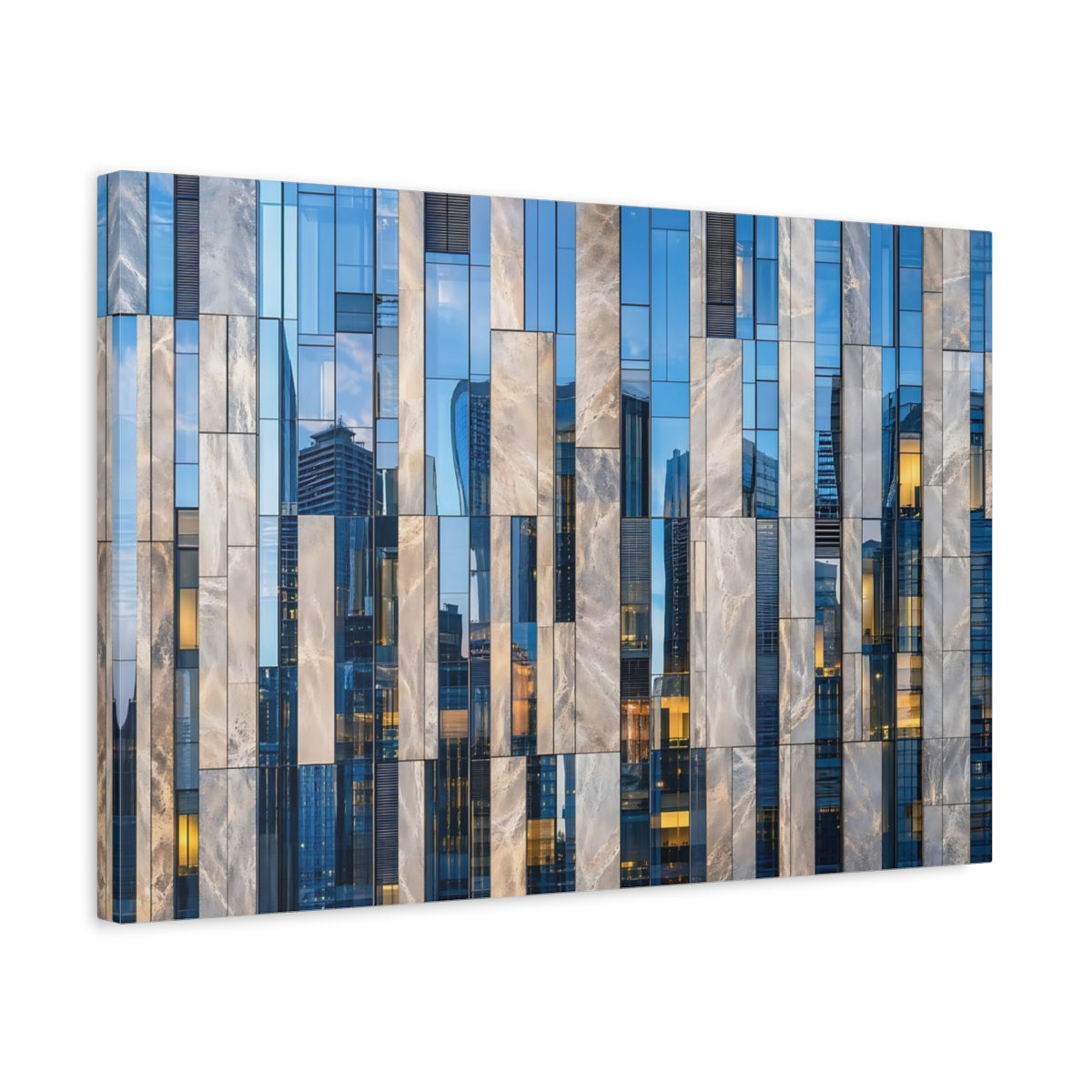 Side Mockup 3. Abstract Building Facade Blue And Grey Architecture shown as stretched canvas wall art