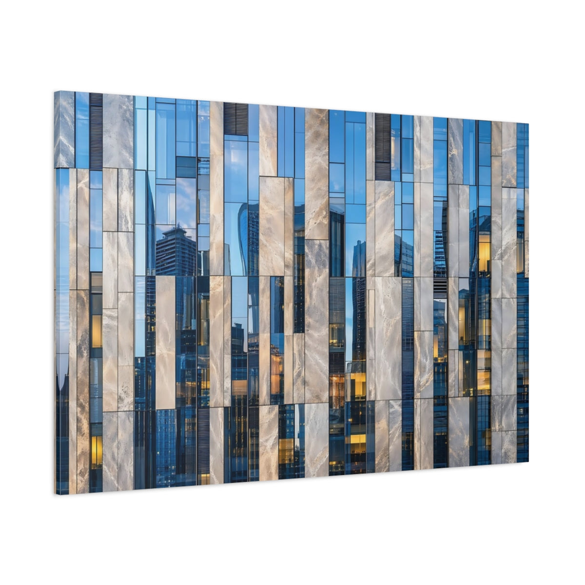 Side Mockup 1. Abstract Building Facade Blue And Grey Architecture shown as stretched canvas wall art