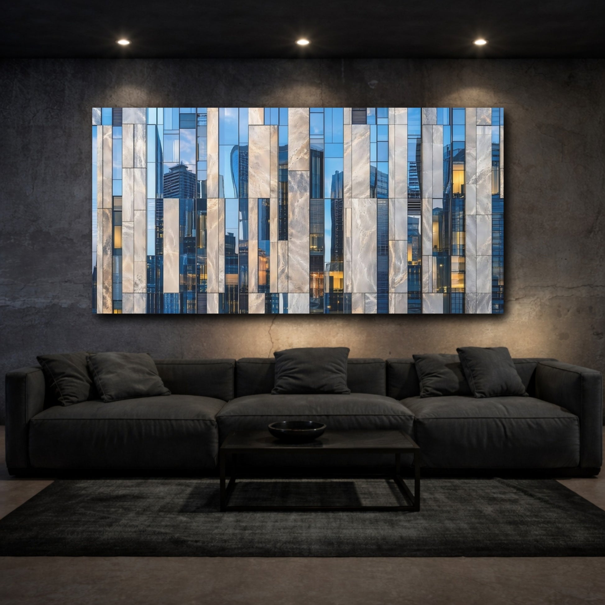 Mockup 2. Abstract Building Facade Blue And Grey shown as stretched canvas wall art