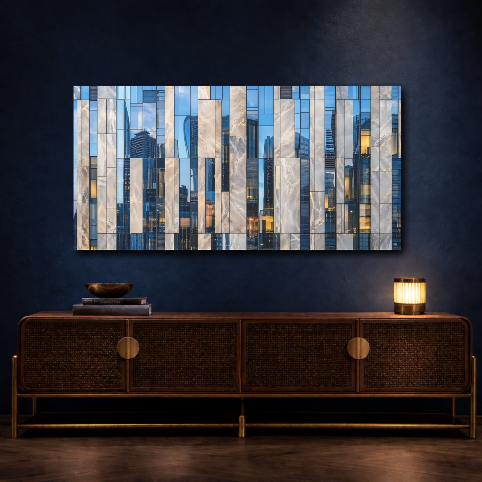 Mockup 3. Abstract Building Facade Blue And Grey shown as stretched canvas wall art