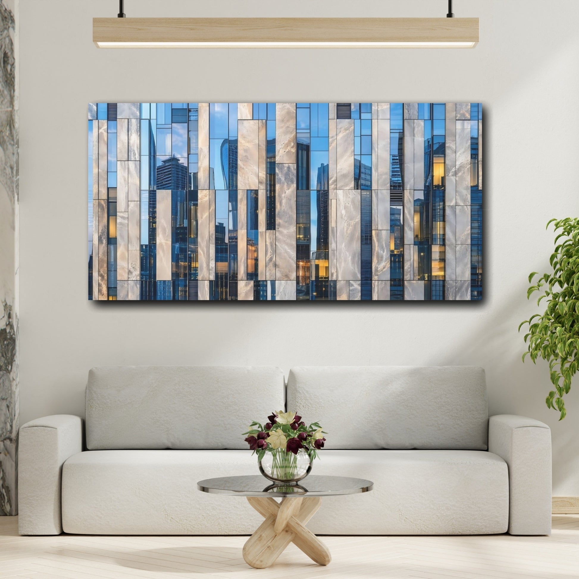 Mockup 4. Abstract Building Facade Blue And Grey shown as stretched canvas wall art