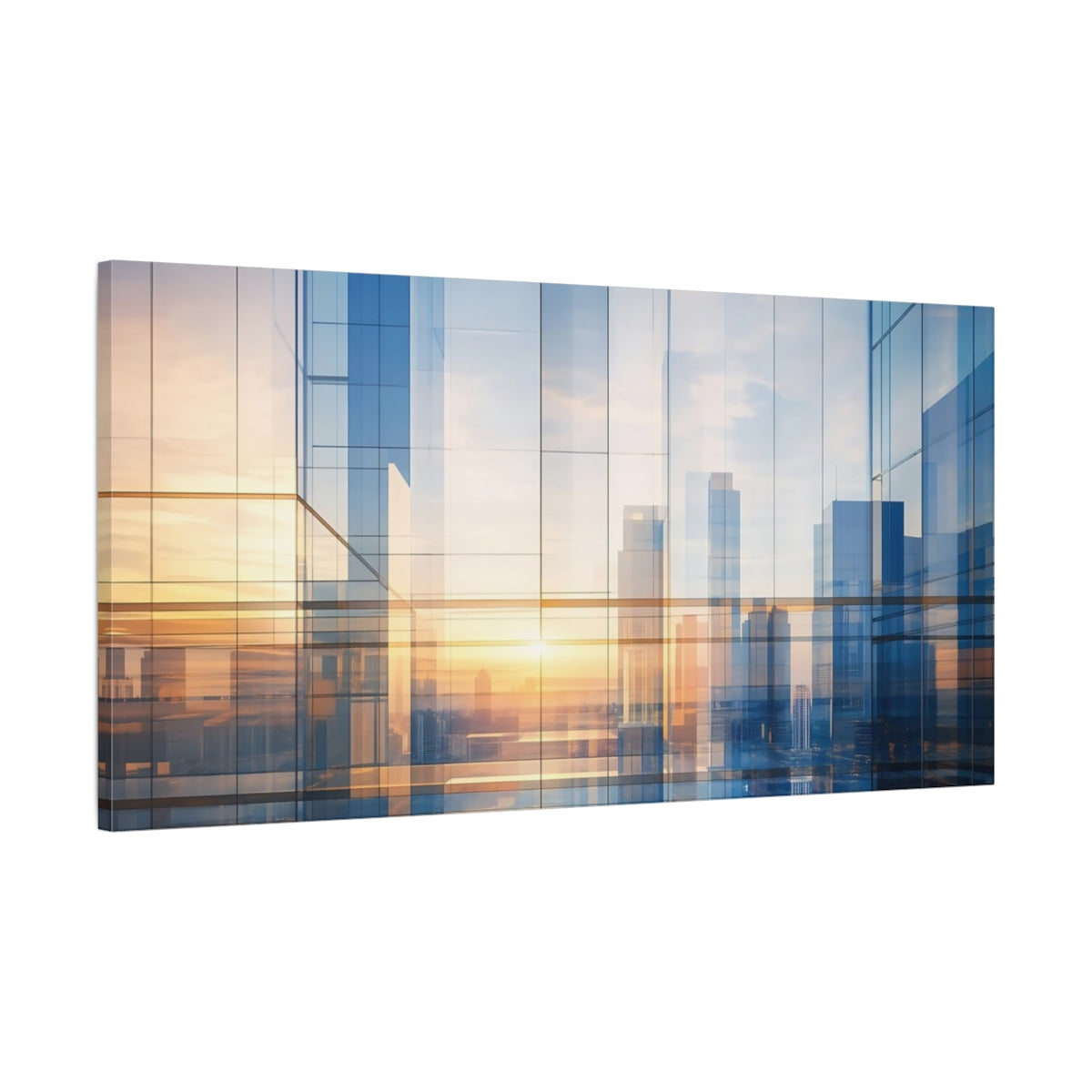 Main Mockup. Abstract Building Reflections Blue And Gold shown as stretched canvas wall art