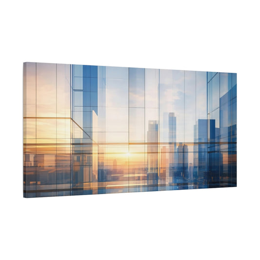 Main Mockup. Abstract Building Reflections Blue And Gold shown as stretched canvas wall art