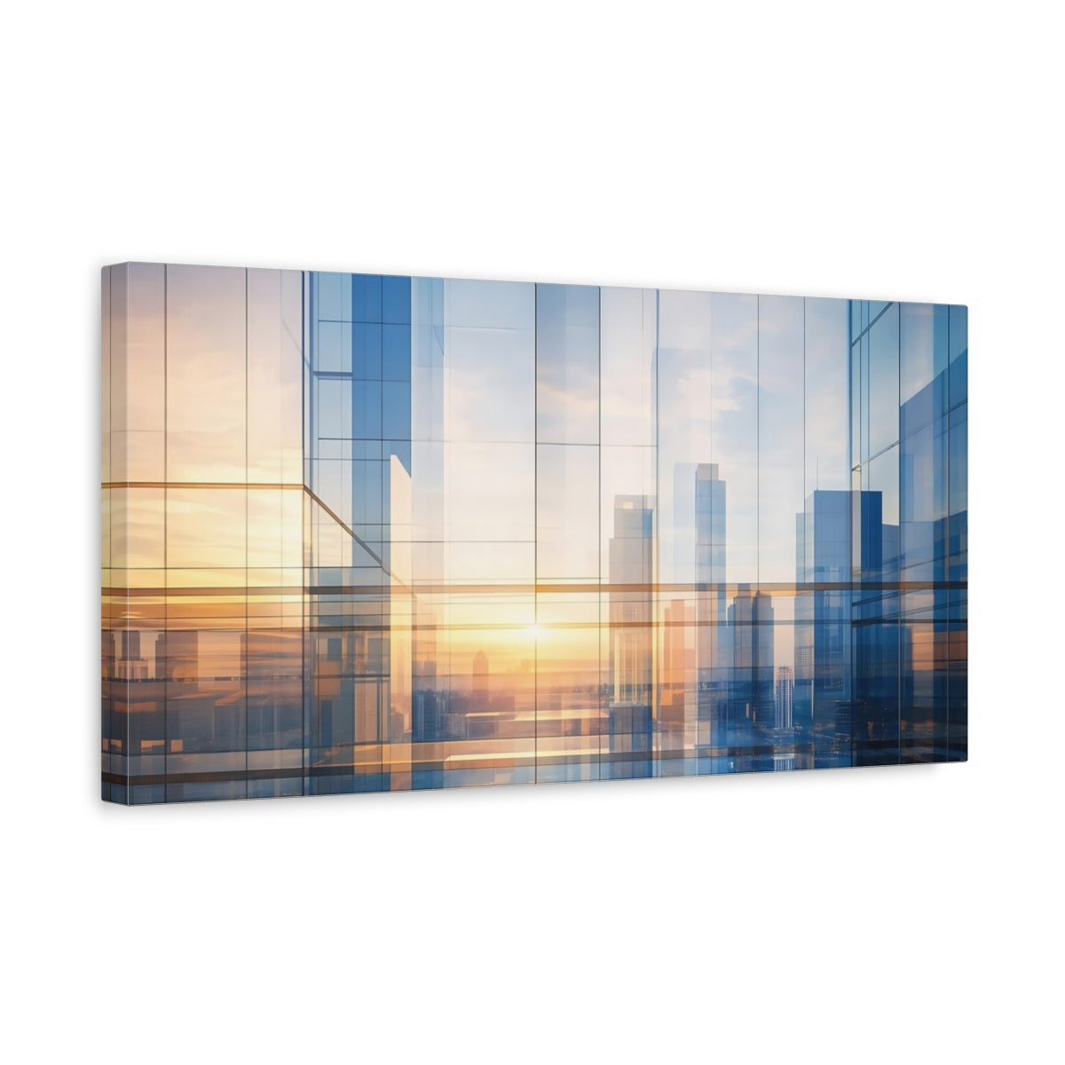 Side Mockup 3. Abstract Building Reflections Blue And Gold shown as stretched canvas wall art