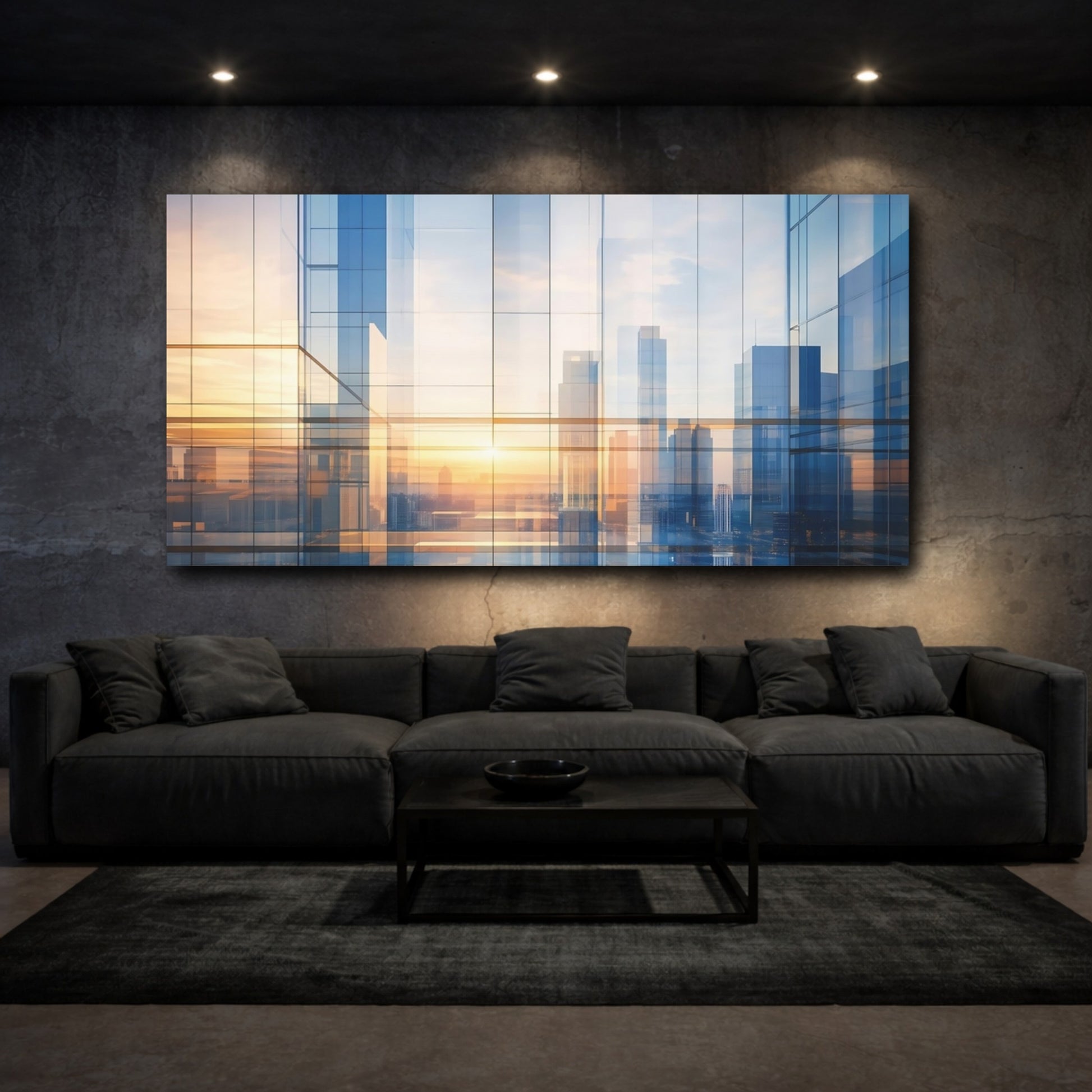 Mockup 2. Abstract Building Reflections Blue And Gold shown as stretched canvas wall art
