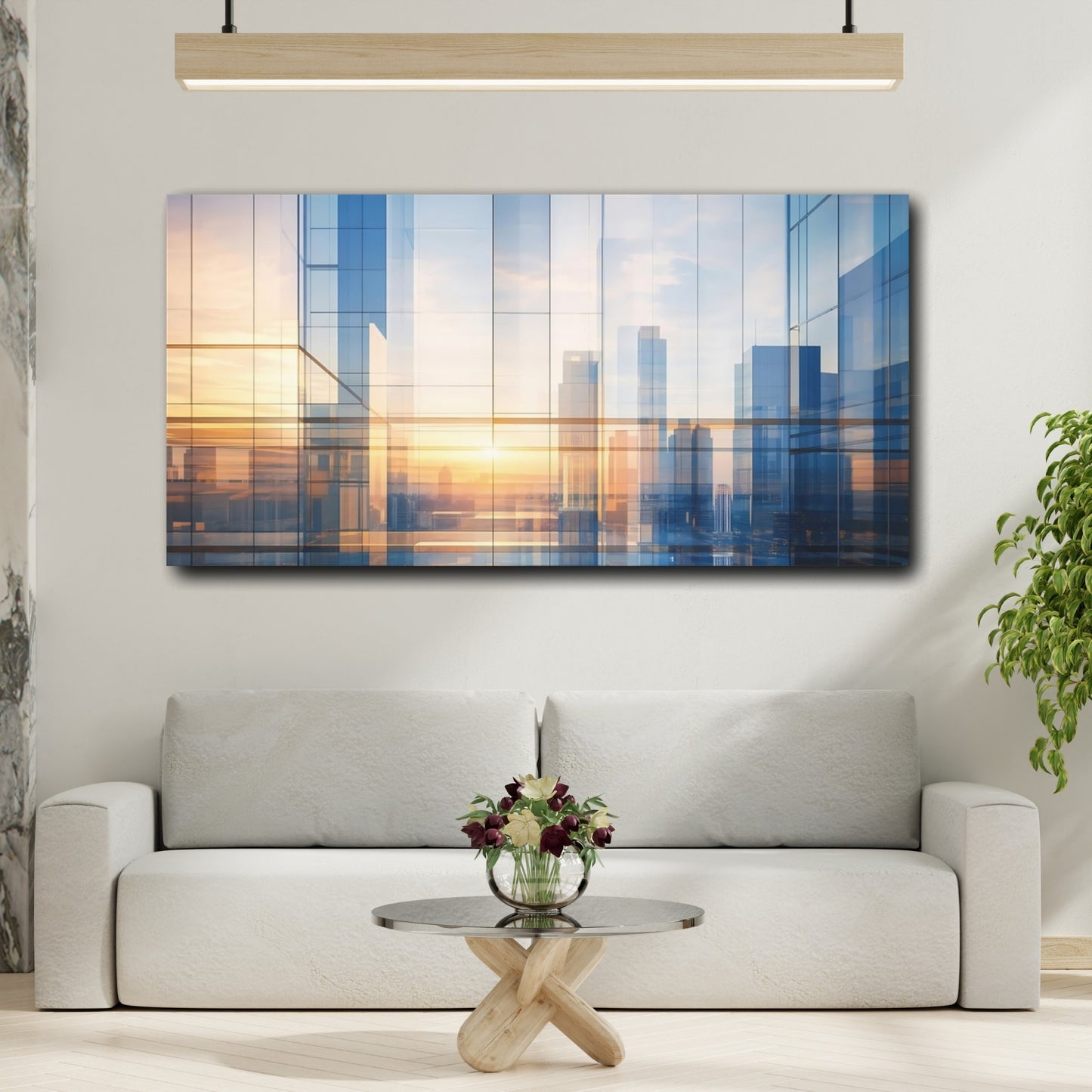 Mockup 3. Abstract Building Reflections Blue And Gold shown as stretched canvas wall art