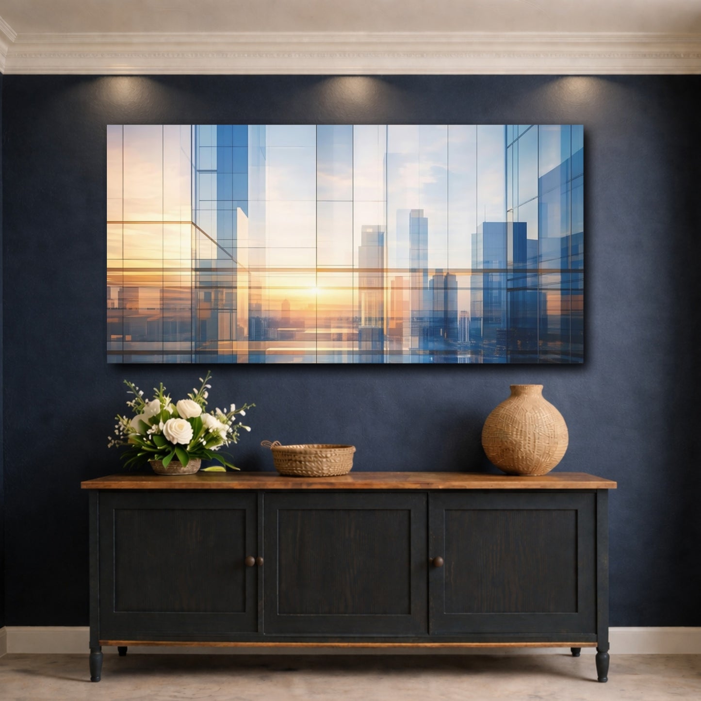 Mockup 4. Abstract Building Reflections Blue And Gold shown as stretched canvas wall art